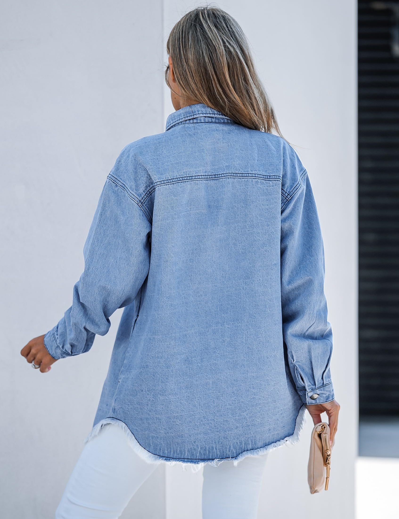 Roskiky Jacke Damen Oversized Button Up Frayed Hem Shacket Langarm Taschen Denim Jean Jacket