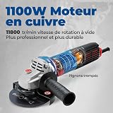 DongCheng Meuleuse d'angle 1100 W Disque 125 mm, vitesse à vide : 11800 tr/min, couvercle à fermeture rapide, Poignée Supplémentaire, avec 2 Disques Abrasifs, 2 Disques de Coupe - 8