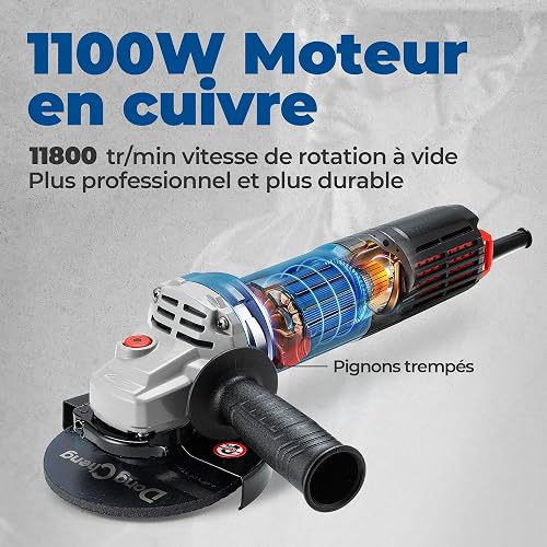DongCheng Meuleuse d'angle 1100 W Disque 125 mm, vitesse à vide : 11800 tr/min, couvercle à fermeture rapide, Poignée Supplémentaire, avec 2 Disques Abrasifs, 2 Disques de Coupe - 8