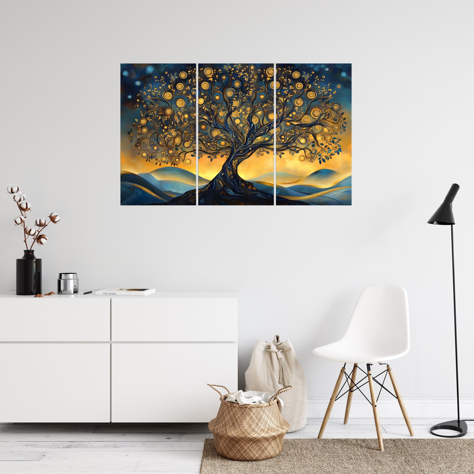 Runa Art Arbre de la vie Peinture Tableau Salon chambre XXL Orange Bleu Abstrait 120 x 80 cm 3 Parties Decoration Murale 054531a