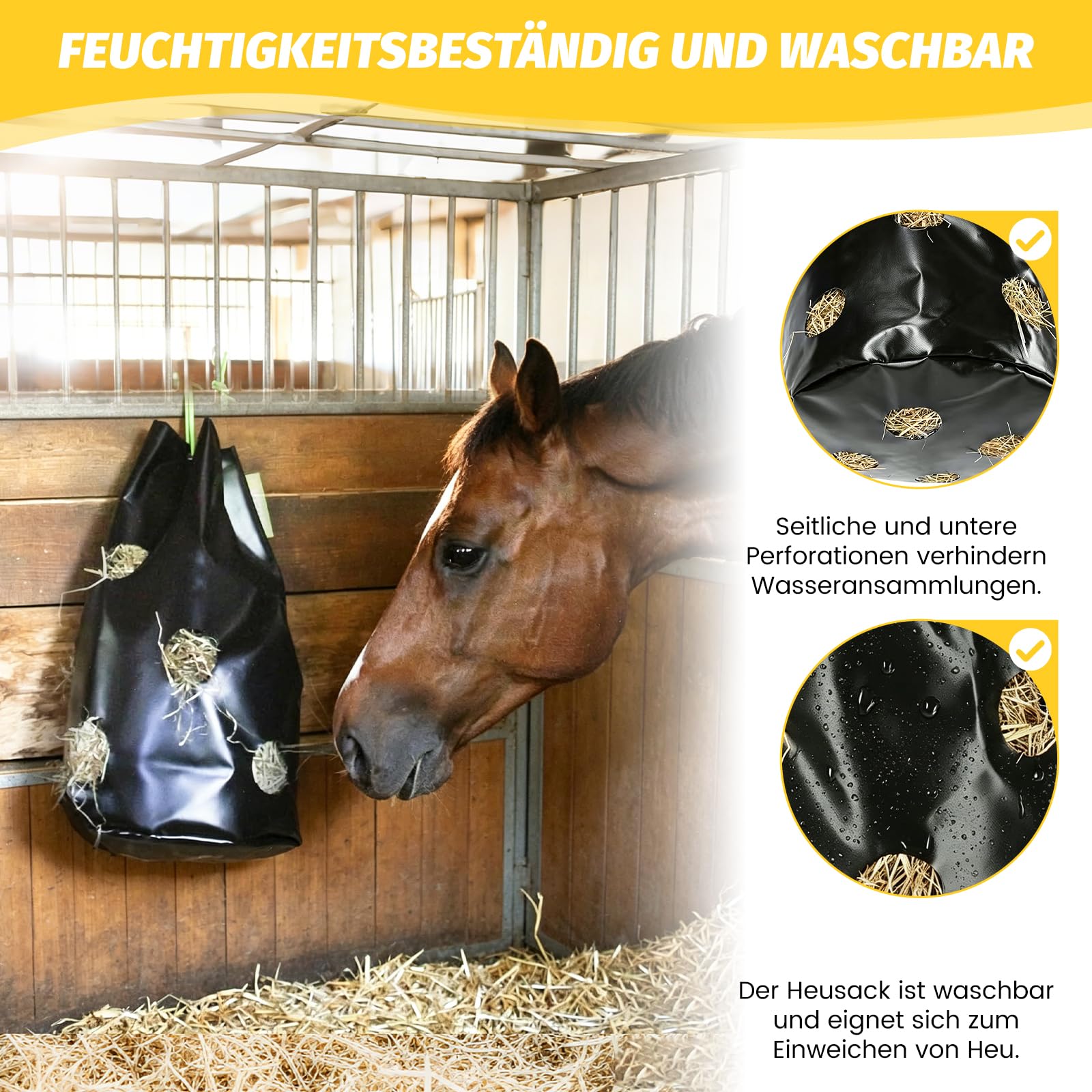 Heunetz für Pferde, 88L Heusack für Pferde zum langsamen Fressen, 70 x 40cm Heunetz mit 16 kleinen Öffnungen (8 cm) & 3,3 M langes Seil, verhindert Futterverluste & reduziert Stress