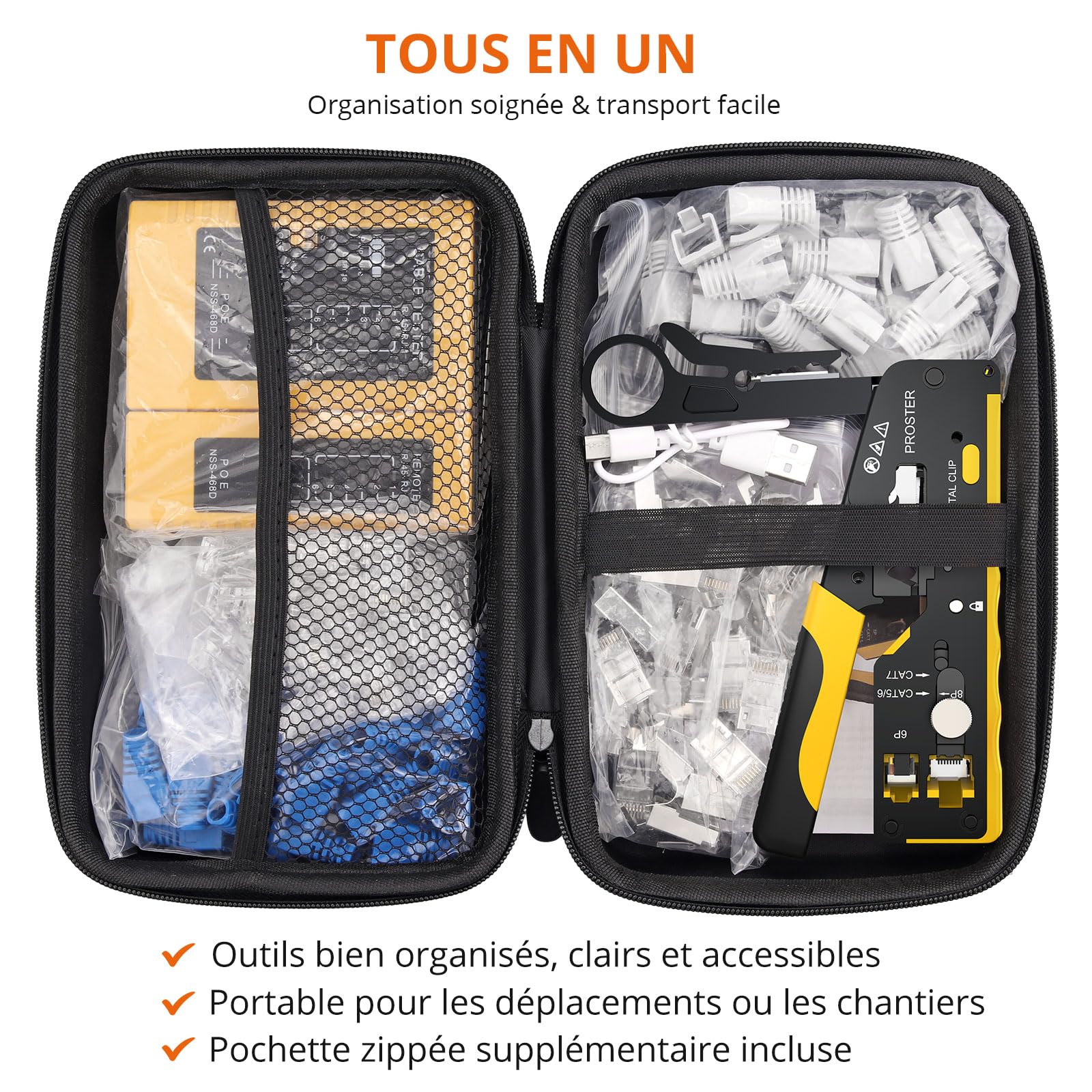 Proster Pince à Sertir RJ45 CAT7 Traversante – Outil de Sertissage Pass Through Ethernet 8P8C avec Testeur de Câble Rechargeable PoE, Connecteur Blindé CAT7/6 pour Installation Réseau et Téléphonique