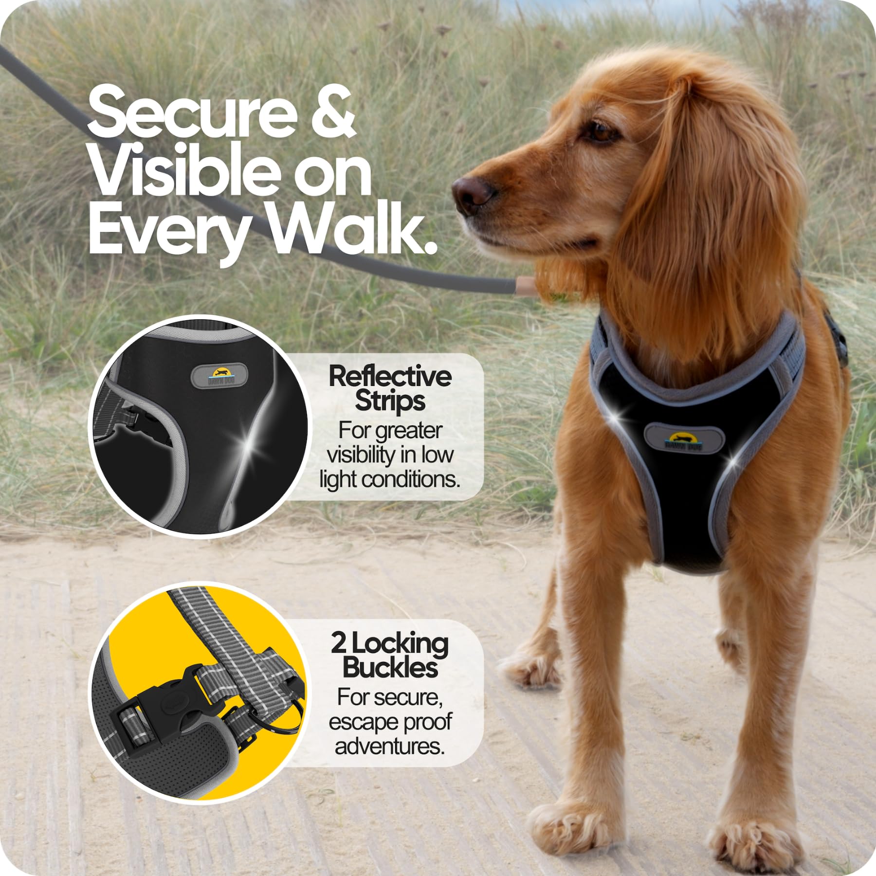 Dawn Dog XL Dog Harness with Secure Locking Clip | Soft & Padded Y Shaped Design with Anti Choke Fit | Extra Reflective for Greater Visibility & Safety | Escape Proof, Adjustable, Lightweight - Image 2