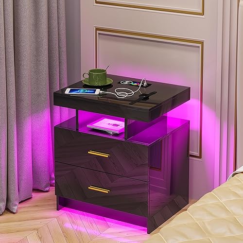 Miniatura 10 de HNEBC Mesita de noche LED, RGB negro con estación de carga USBinalámbrica, moderna mesita de noche con sensor automático de luces RGB, mesa auxiliar
