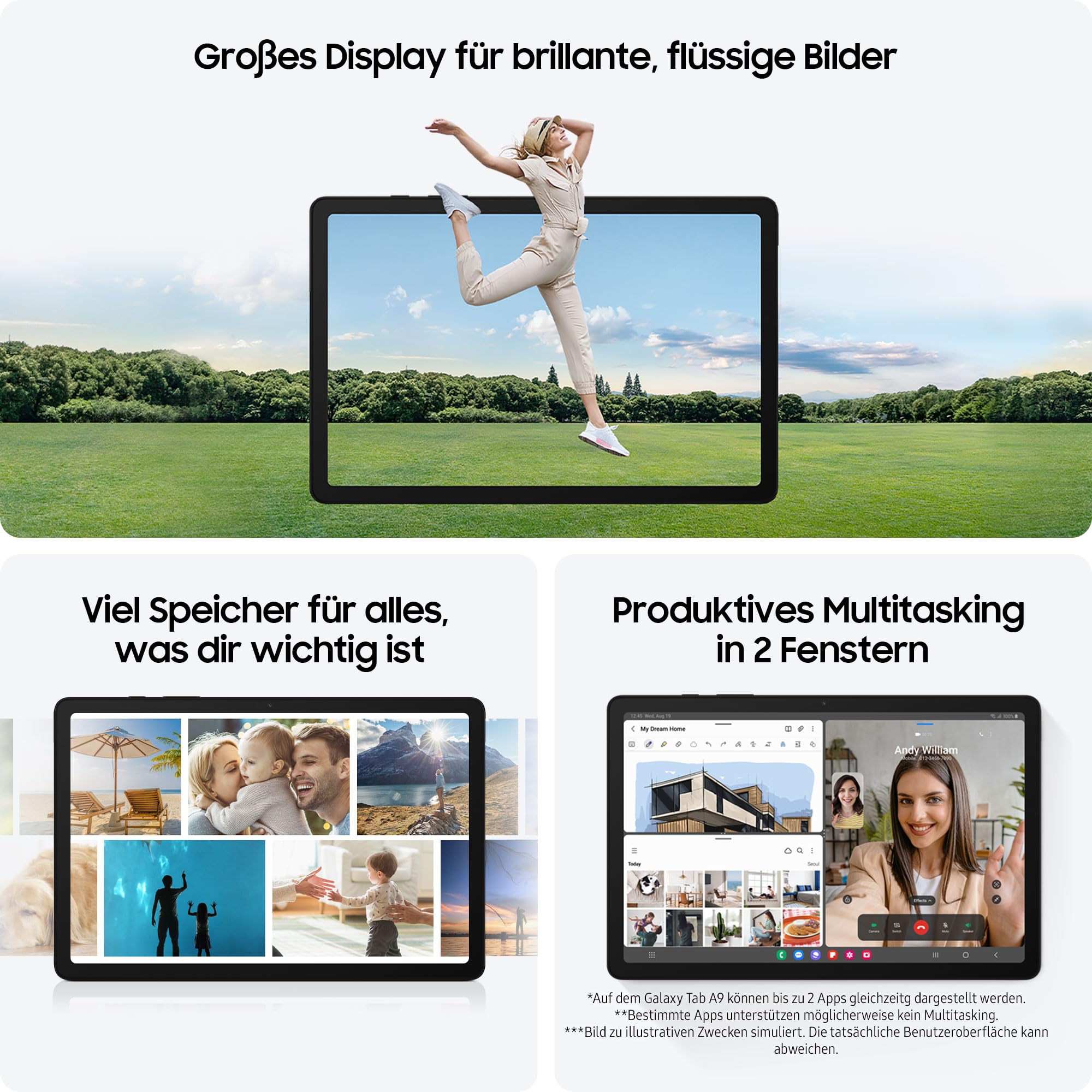 Samsung Galaxy Tab A9 Wi-Fi Android-Tablet, 64 GB Speicherplatz, Großes Display, Satter Sound, Simlockfrei ohne Vertrag, Graphite, Inkl. 3 Jahre Herstellergarantie [Exklusiv bei Amazon]
