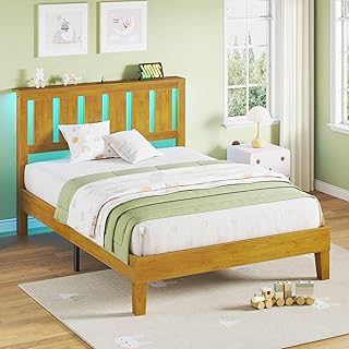 Rolanstar Twin Bed Frame with Headboard, Solid Wood Bed Frame Foundation with Wood Slat Support, Charging Station & LED Lights, No Box Spring Needed, Pine