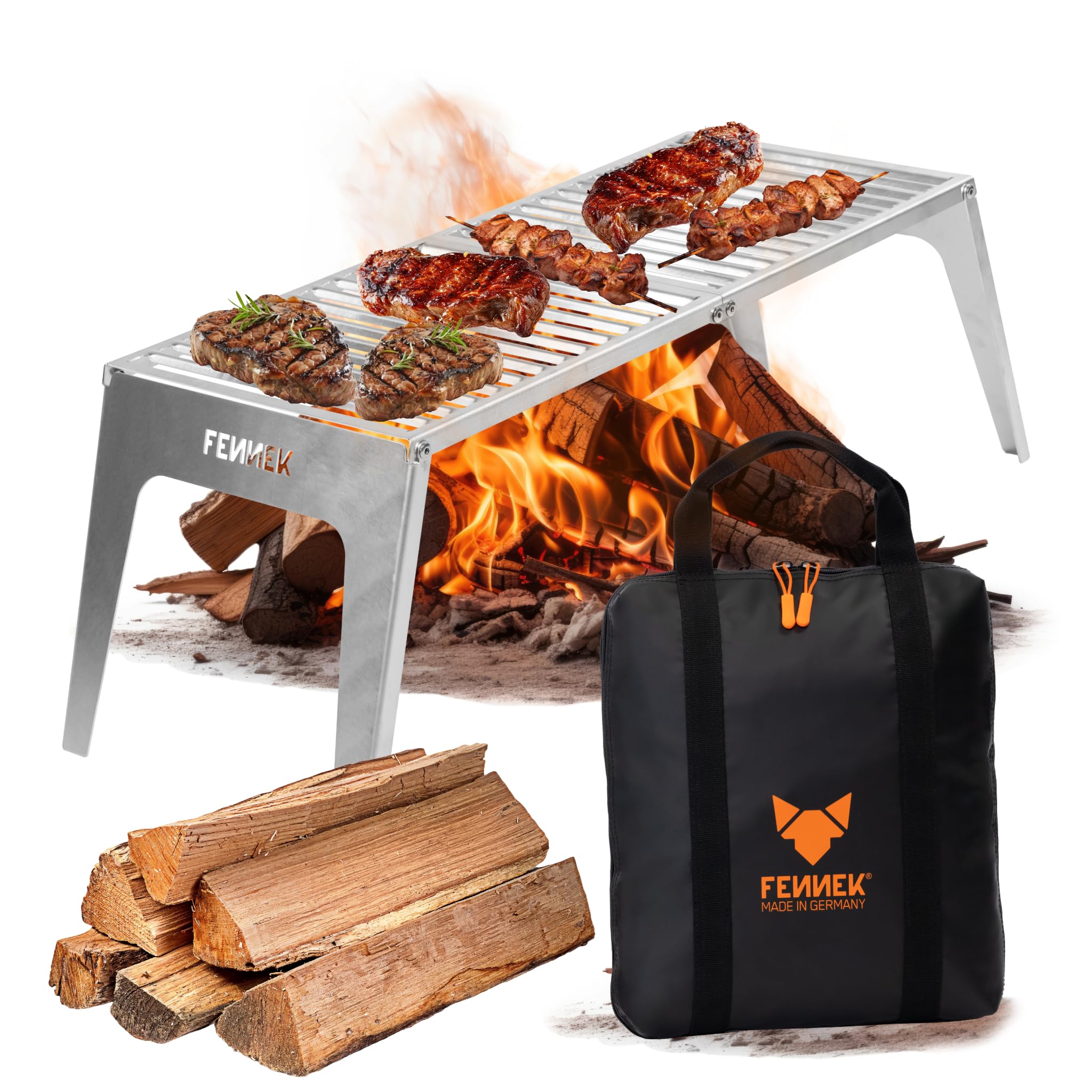 FENNEK Klapprost XL con custodia, griglia mobile, versione extra stabile 56x24 cm, acciaio inox, resistente alle temperature | Made in Germany