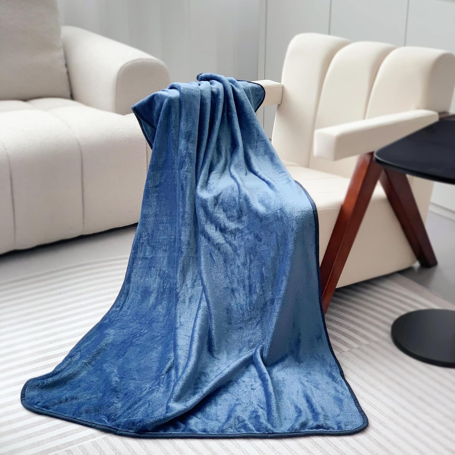 Travel Blanket Pillow 60x50 Inches Rolled Premium Soft Plush Airplane Throw Traveling Essentials Compact in a Bag Essential Gifts for Women & Toddler Airplane Accessories (Navy Blue)