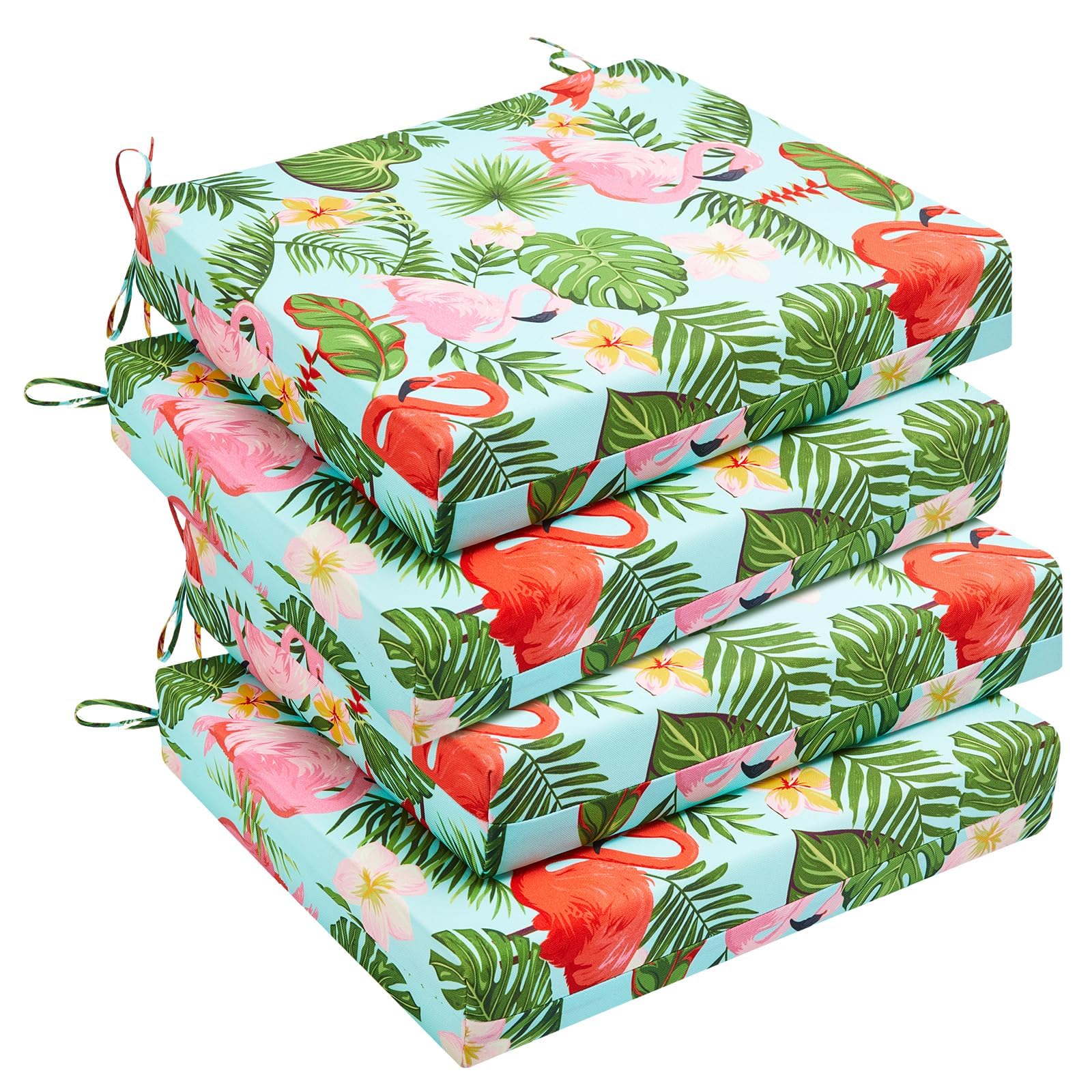 downluxe Outdoor Chair Cushions Set of 4 for Patio Furniture, Water-Resistant Square Corner Patio Chair Cushions with Ties, High Density Foam Outdoor Seat Cushion, 18.5" X 16" X 3", Tropical Flamingo