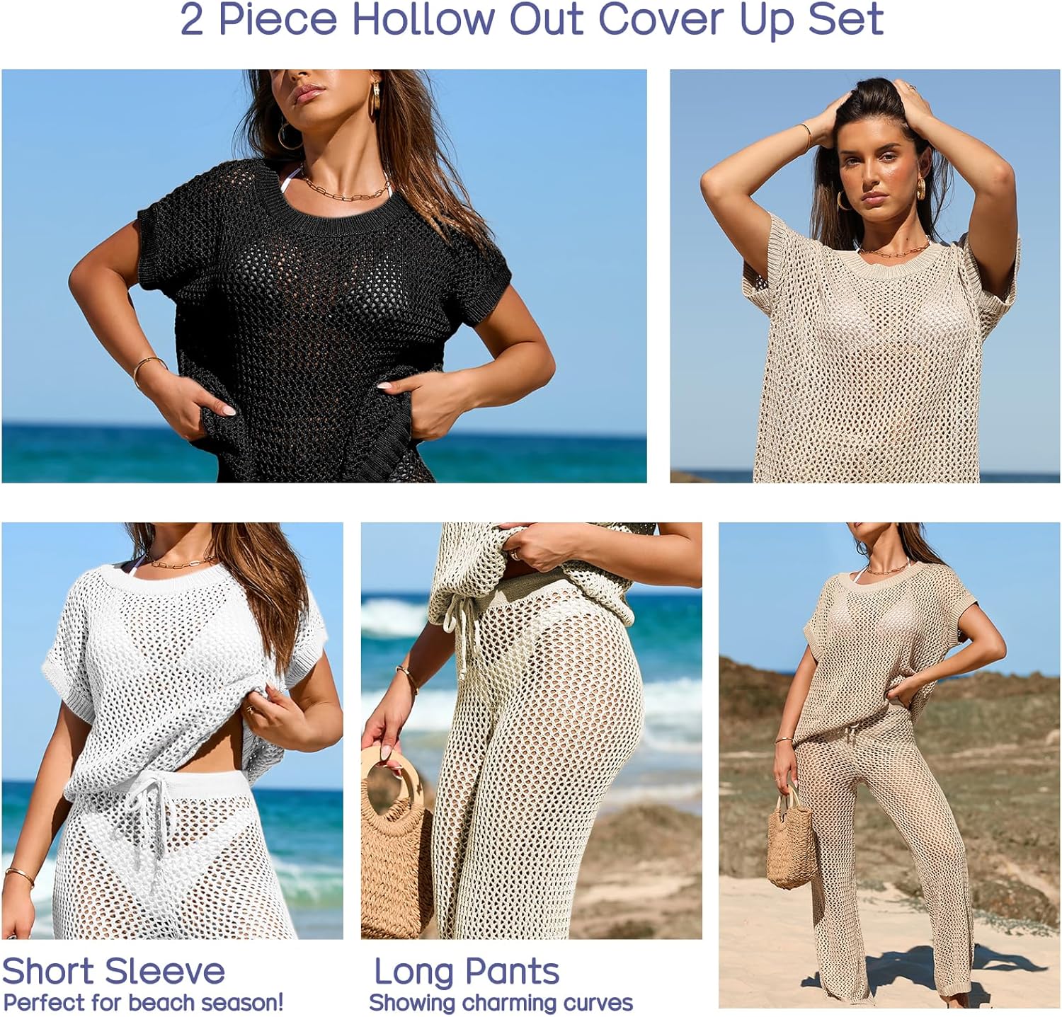 Famulily Womens 2 Piece Hollow Out Cover Up Set Crochet Knitted Outfits with Short Sleeve Tops and Long Pants - Image 3