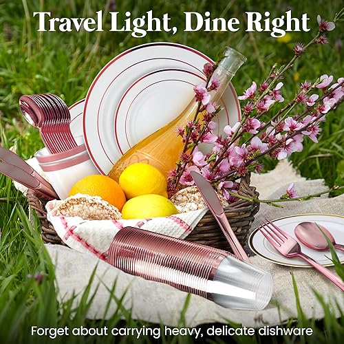 Miniatura 7 de Juego de vajilla de color dorado de 600 piezas. 200 platos de plástico blancos y dorados. Juego de 300 cubiertos de plástico dorados. 100 vasos de