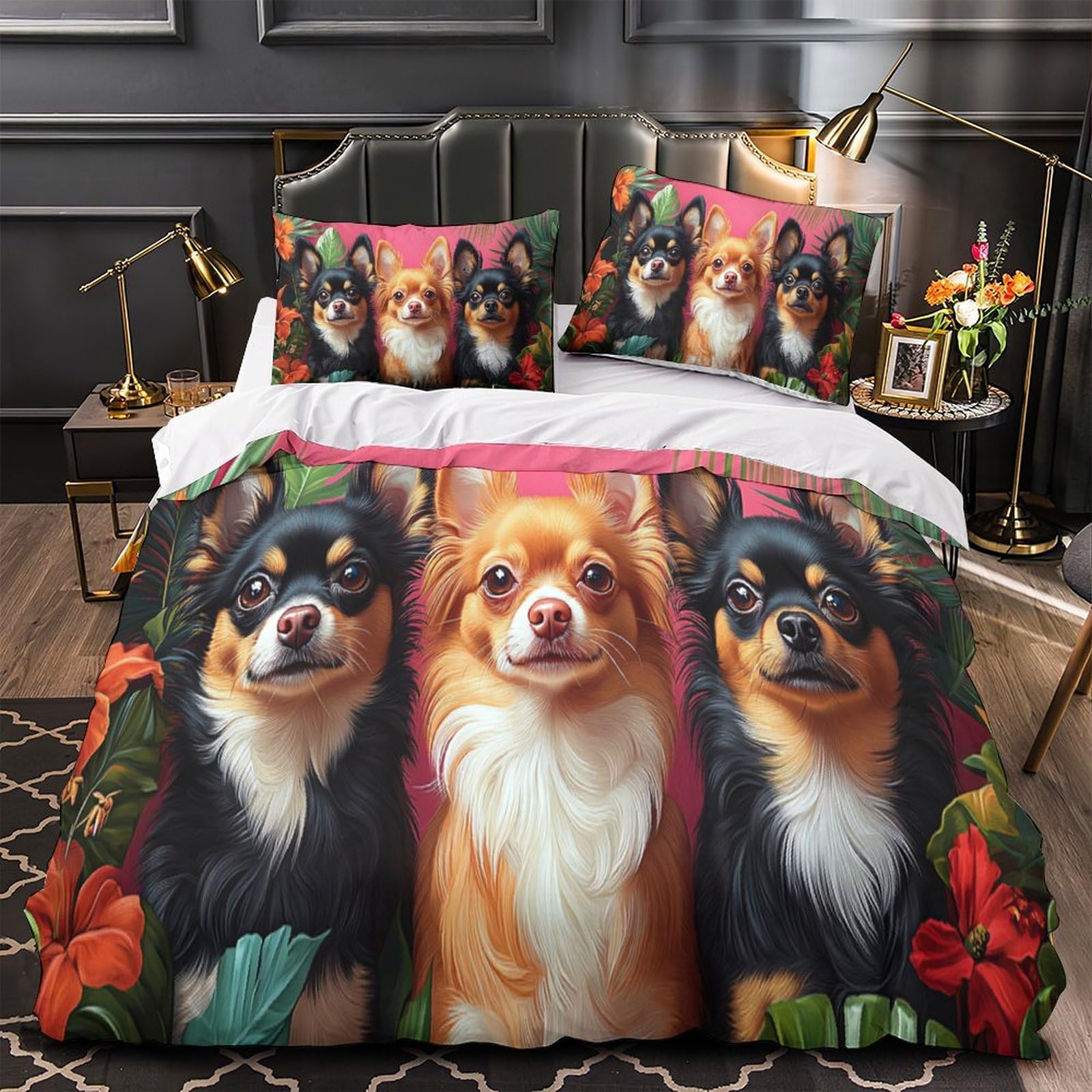 Housse de couette Chihuahua 135x200 parure de lit microfibre avec fermeture éclair pour enfant single