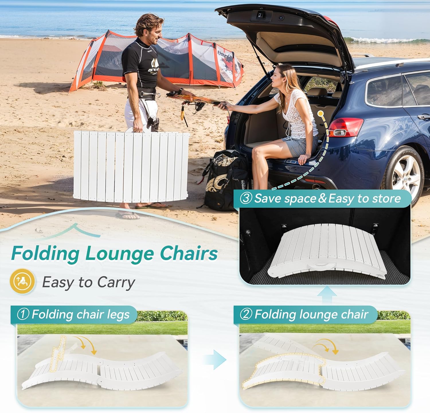 Folding Pool Lounge Chairs Set of 2, Pre-Assembled HDPS Anti-Floating Aquawave Lounge Chair with Headrest for in-Pool Use(Max Depth 8-Inches), Ideal for Poolside, Beach & Sun Decks, White