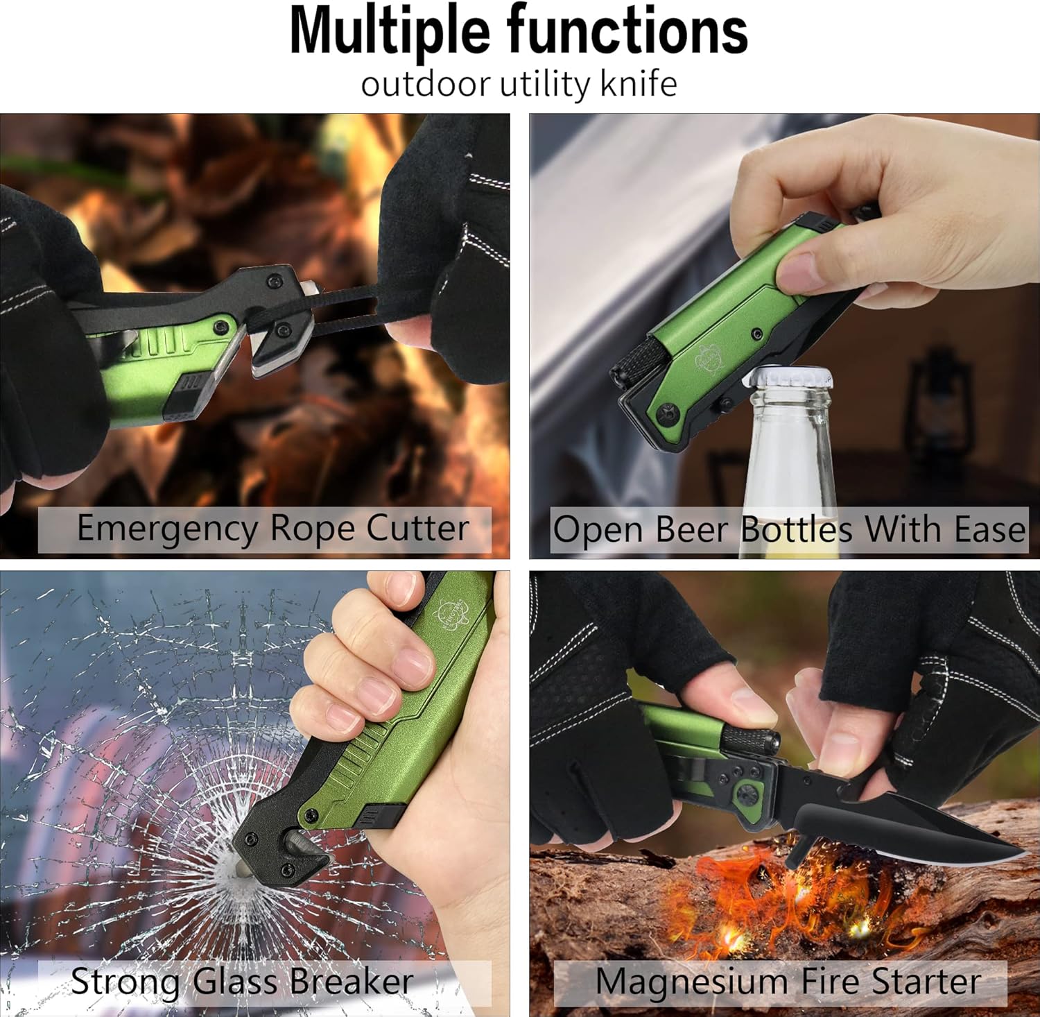 Valentine‘s & Birthday Gift for Men- Green All-in-One Survival Pocket Folding Knife with Fire Starter & Flashlight for Him, Husband, Boyfriend, Father - Multi-Tool for Camping & Emergency