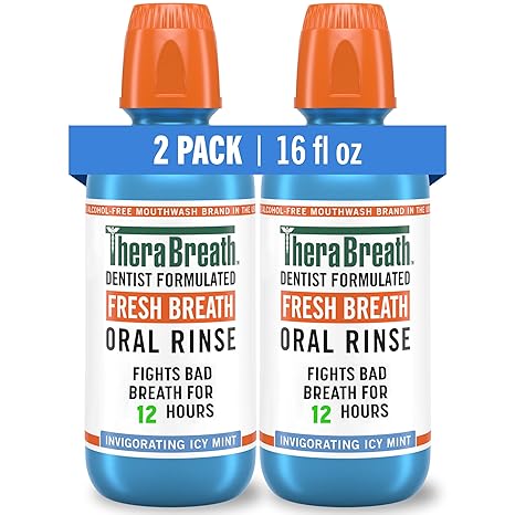 TheraBreath Fresh Breath Mouthwash, Icy Mint Flavor, Alcohol-Free, 16 Fl Oz (Pack of 2)