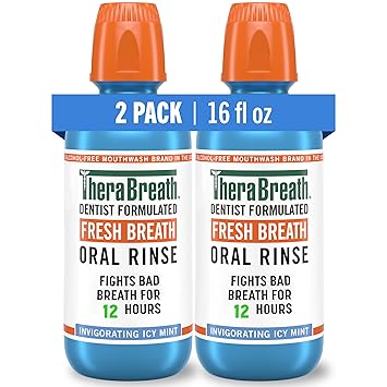 TheraBreath Fresh Breath Mouthwash, Icy Mint Flavor, Alcohol-Free, 16 Fl Oz (Pack of 2)