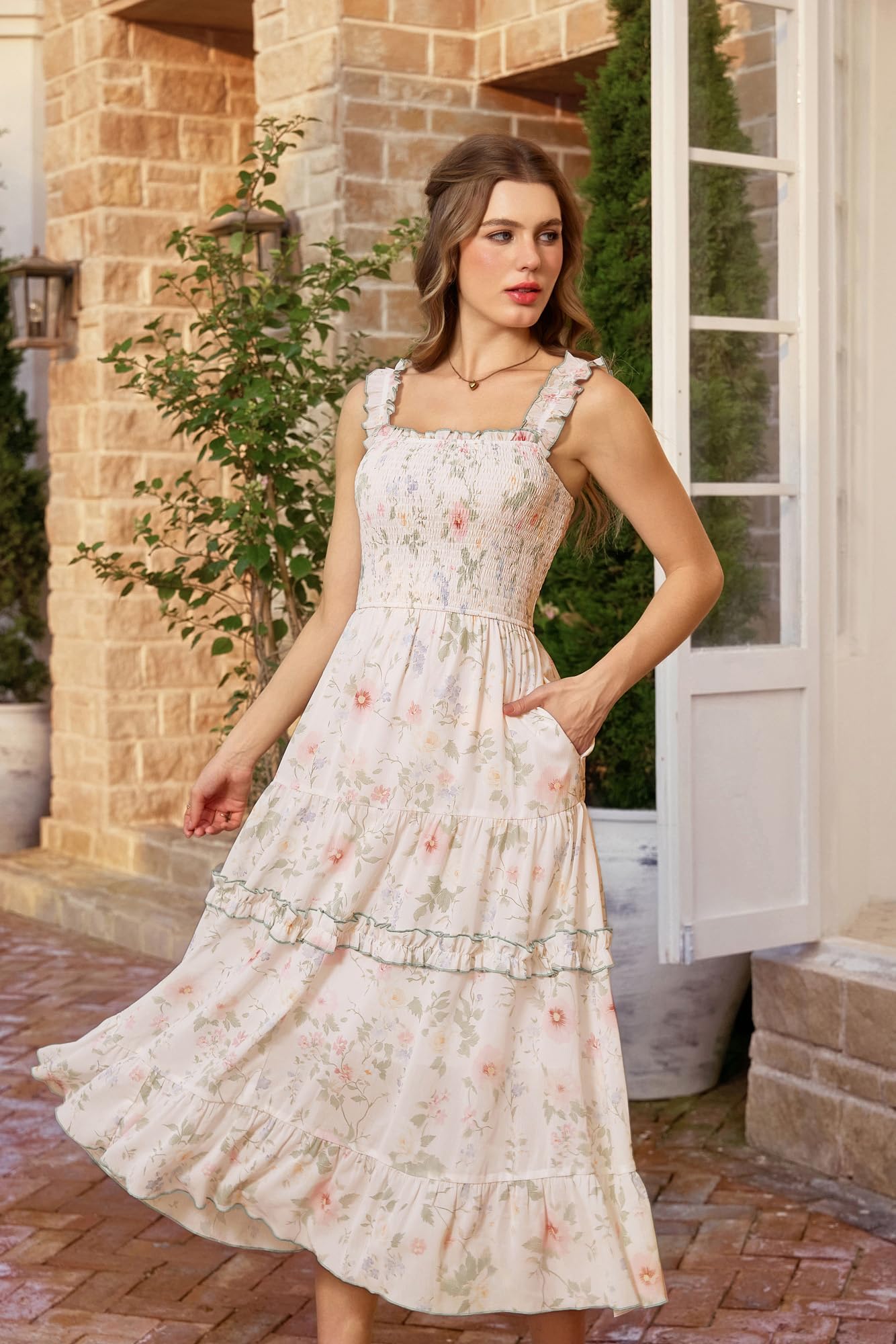 SCARLET DARKNESS Abito da donna in stile vittoriano, con motivo floreale, stile casual, estivo, con punto smock