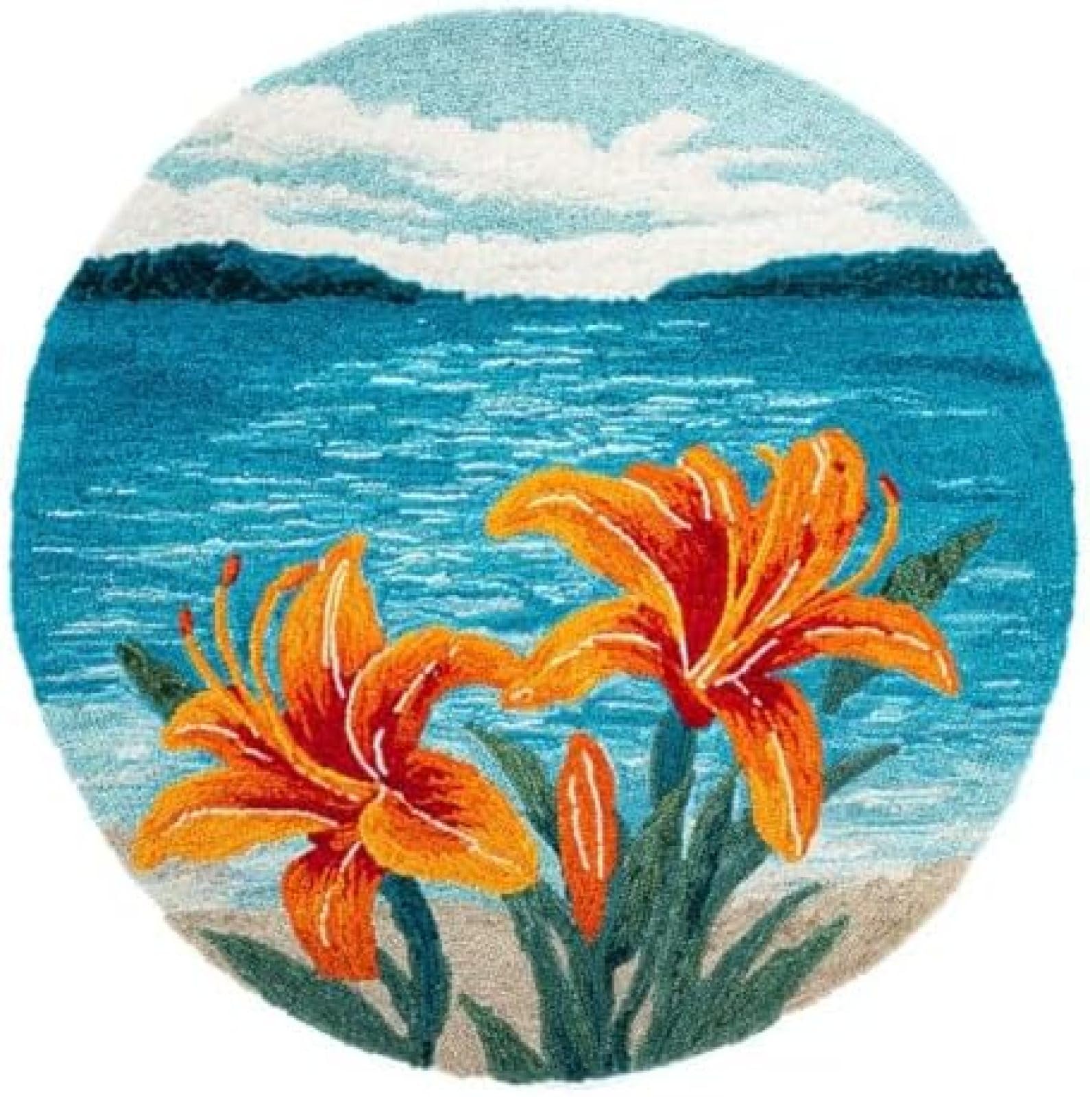 XDEGHUANGSS Latch Hook Rug Kit Tiger Lily Flowers and Sea Background Round Rug 52x52cm