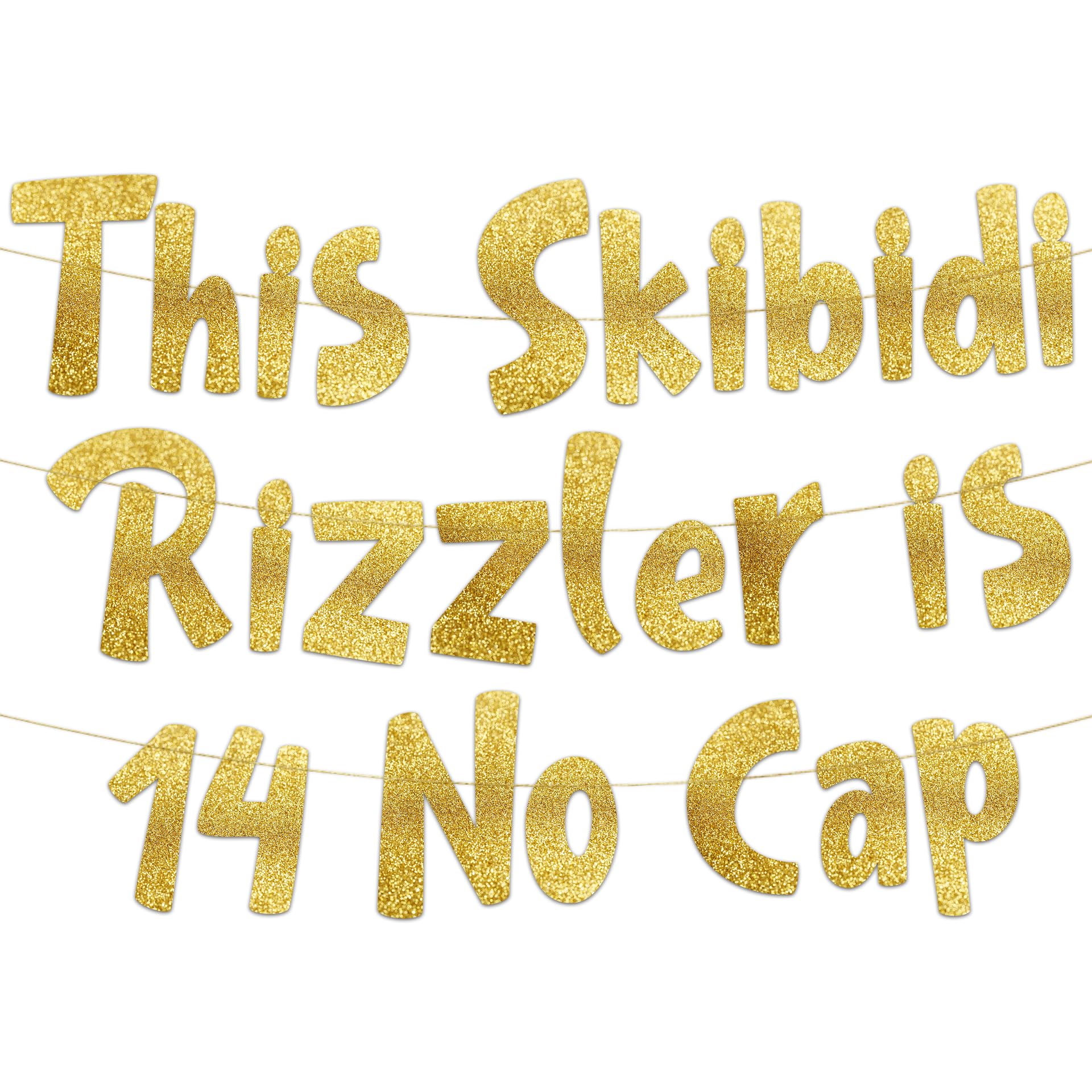 Pre-Strung This Skibidi Rizzler is 14 No Cap Gold Glitter Banner - Funny 14th Birthday Decorations for Teen Boys and Girls - Birthday Party Supplies