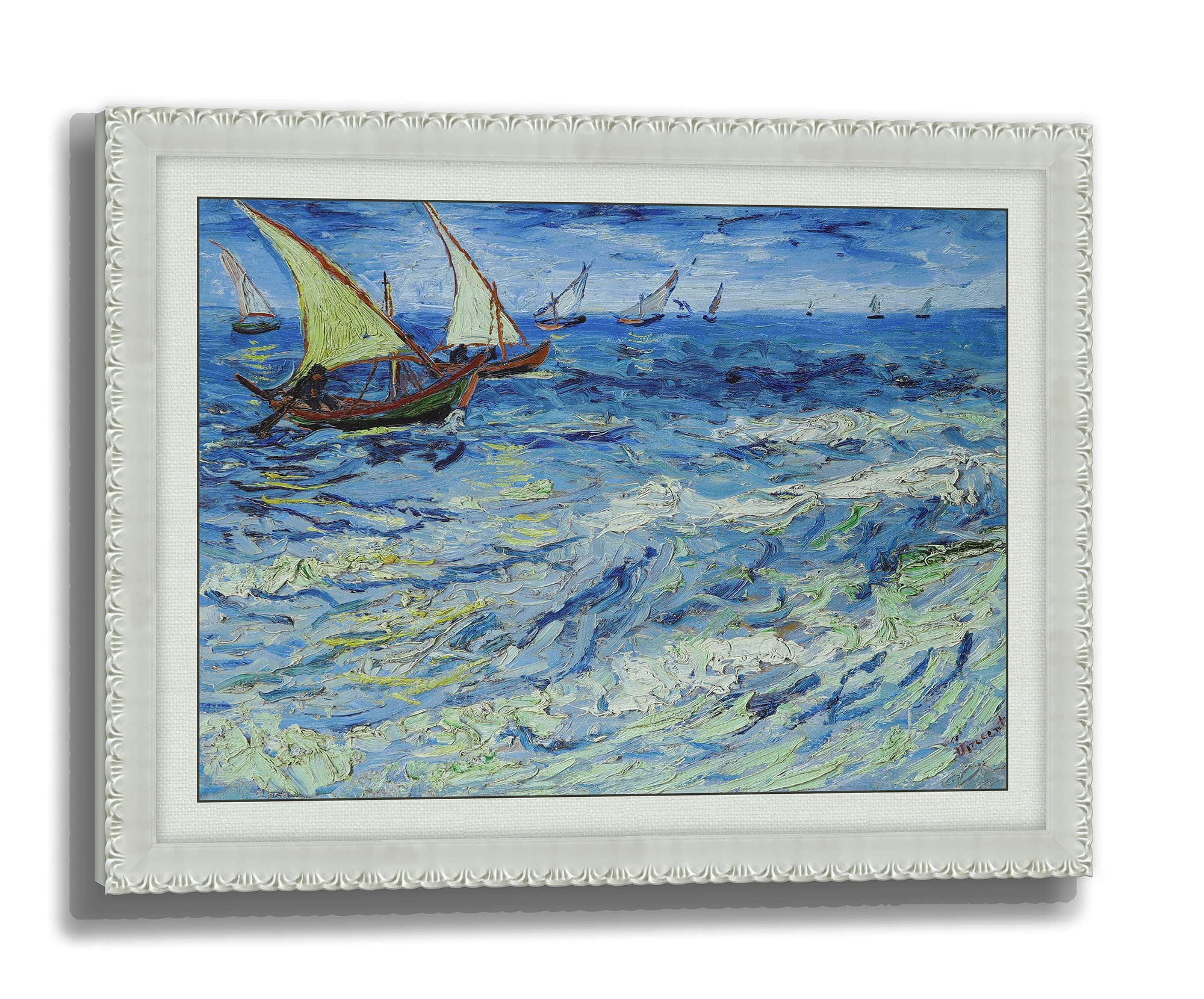 3D Print simulation hand painted texture on canvas painting Van Gogh Famous Classic Wall Art Seascape at Saintes Maries Ocean Cloudy Sky Hand Made Ornate Framed UNIQUE INNOVATION Patent pending
