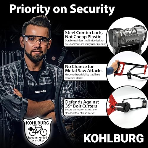 Miniatura 4 de KOHLBURG Cerradura plegable para bicicleta 43 pulgadas a prueba de cortador de pernos con código de combinación de 4 dígitos y soporte, bloqueo de