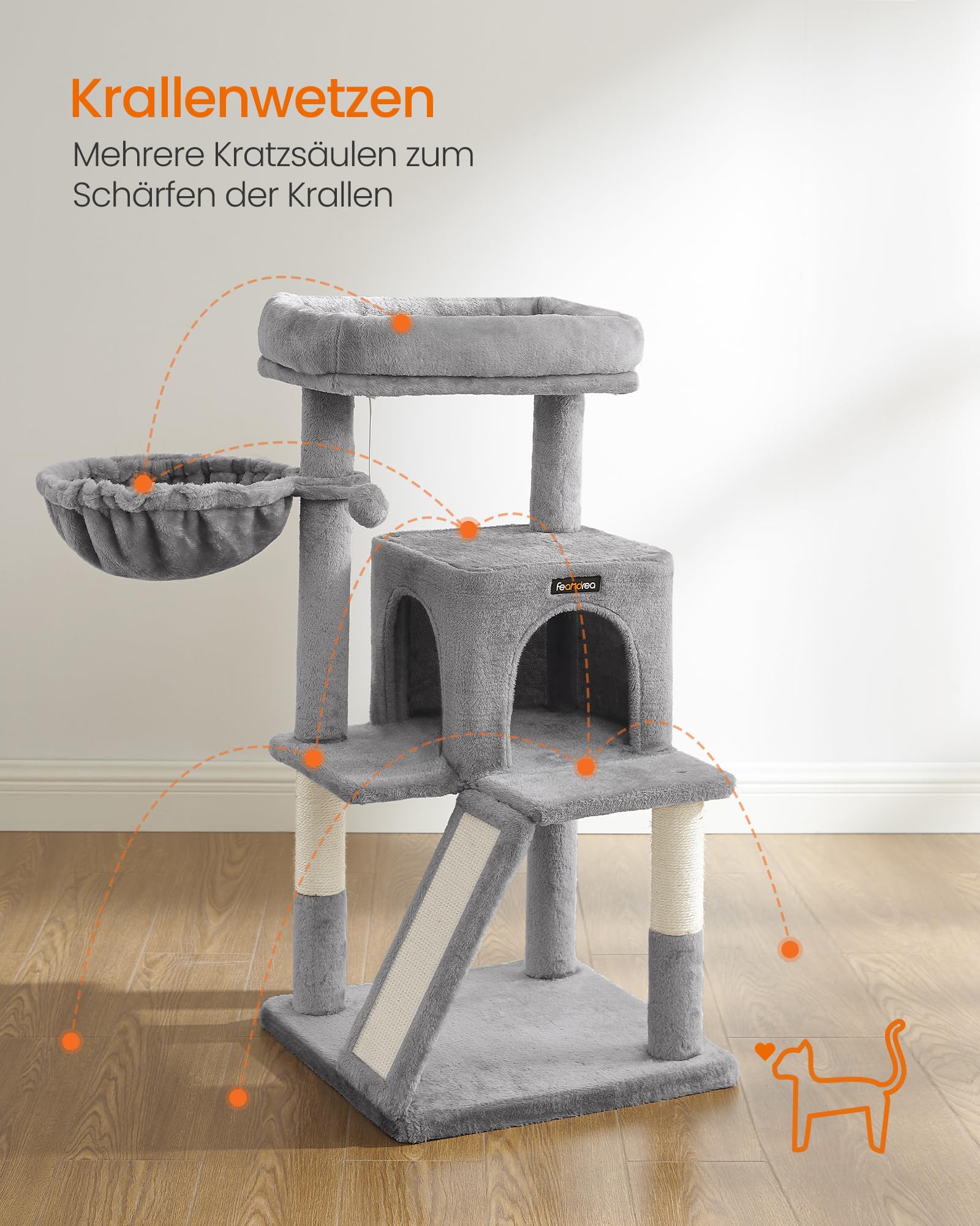 Feandrea Kratzbaum, 96 cm hoch, Katzenbaum mit großer Plattform, Katzenkratzbaum mit Katzenhöhle, Hängematte, Kratzrampe, Plüschball, weicher Plüsch, hellgrau PCT51W