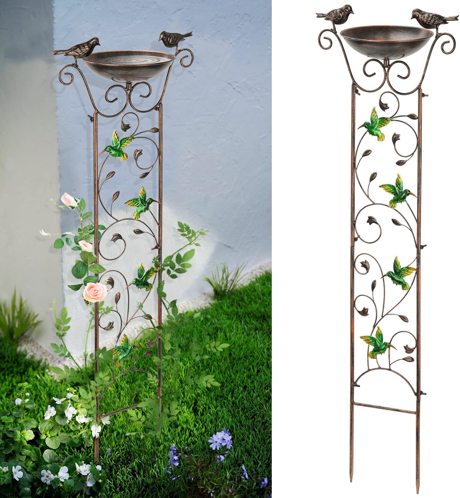 SUNNYPARKBird Bath with Trellis Outdoor, Antique Garden Iron Plant Trellis with Decorative Hummingbirds Detachable Bird Bath Bowl Metal Potted Plant Support for Climbing Flowers