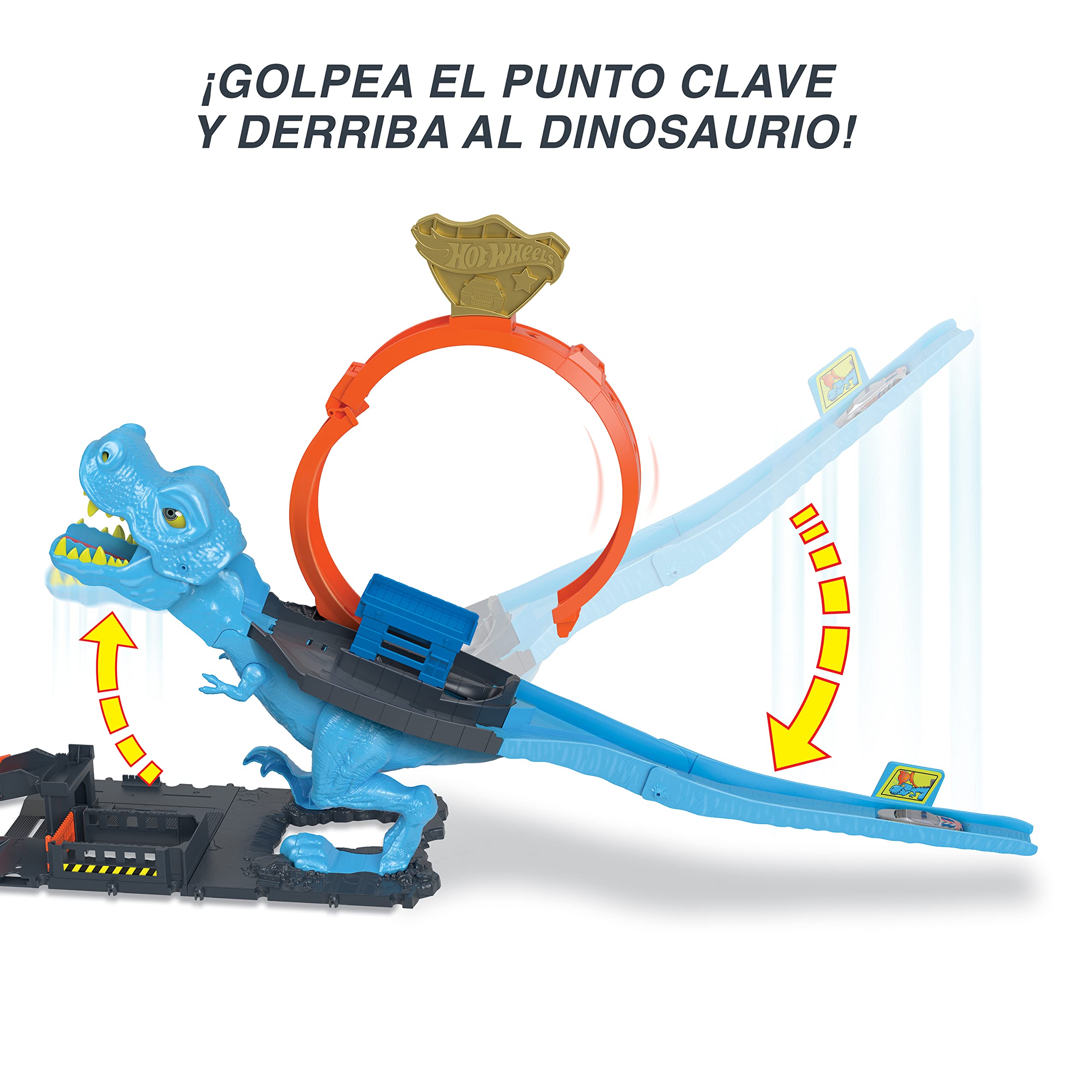 Hot Wheels City Desafío del T-Rex Pista para Coches de Juguete con Lanzador, Incluye 1 vehículo, +5 años (Mattel HNP77)