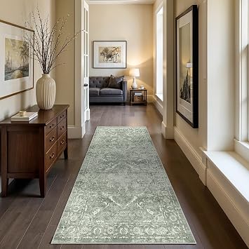 Hallway 2x6 Washable Runner - Non-Slip Vintage Long Rug for Entryway Low-Pile Medallion Runner for Hallway Waterproof Traditional Runners Indoor Thin Rug for Kitchen Muted Sage Green, 2x6