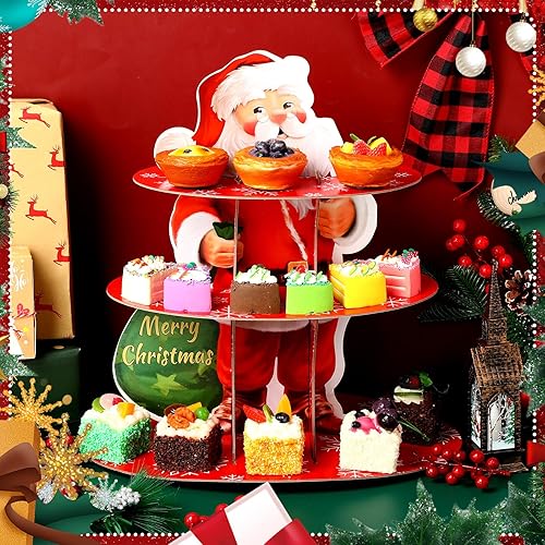Miniatura 5 de Censen Decoración de soporte para cupcakes de Navidad, soporte de 3 niveles para pasteles de Papá Noel, soporte para postres de Navidad, torre de