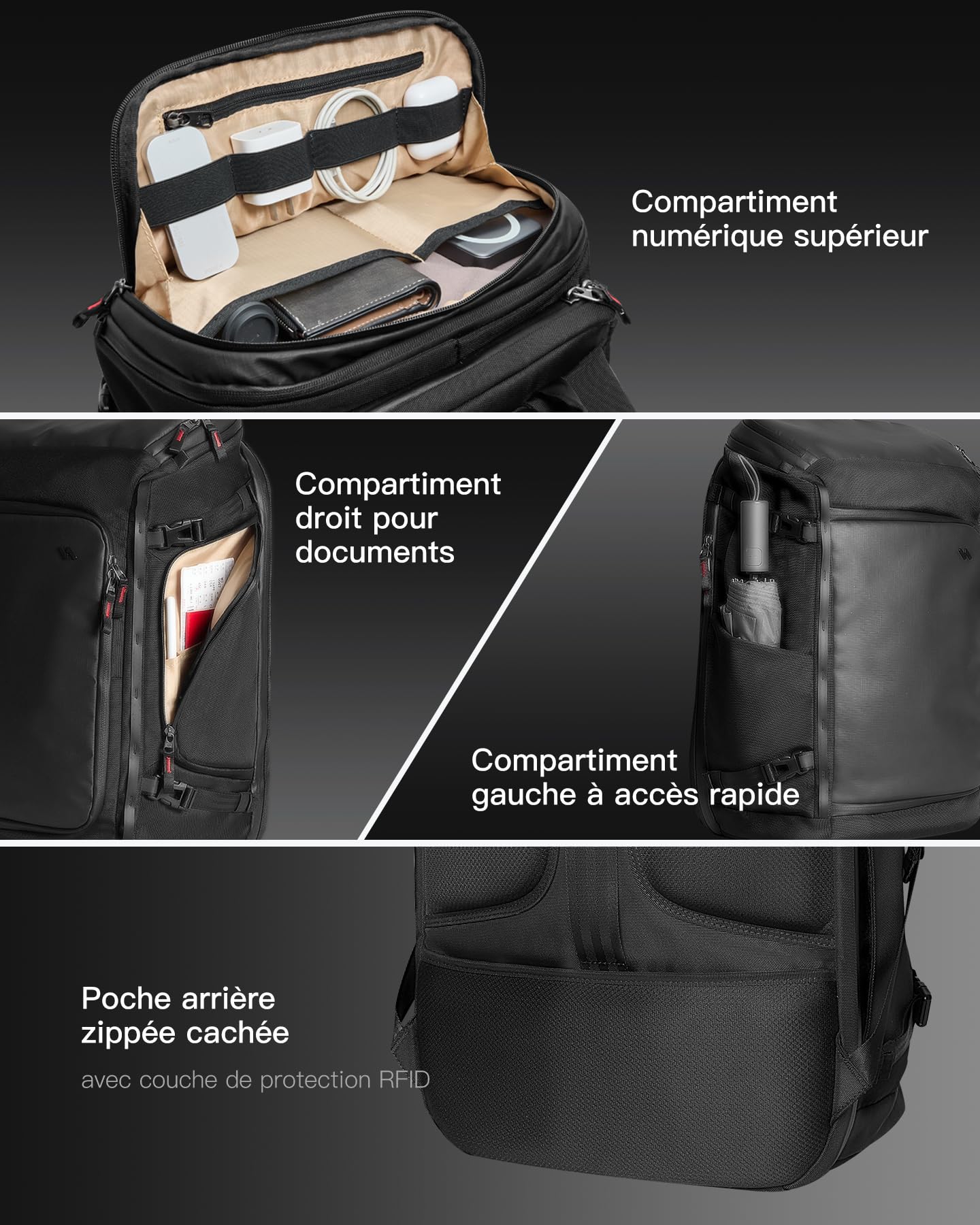 Inateck Sac à Dos Voyage et Affaires 40L Grand Capacité, Noir | Accès Rapide TSA, Rangement Multifonction, Pour 17" PC, Resistant a l’Eau, Anti-Vol, Sac Cabine Business