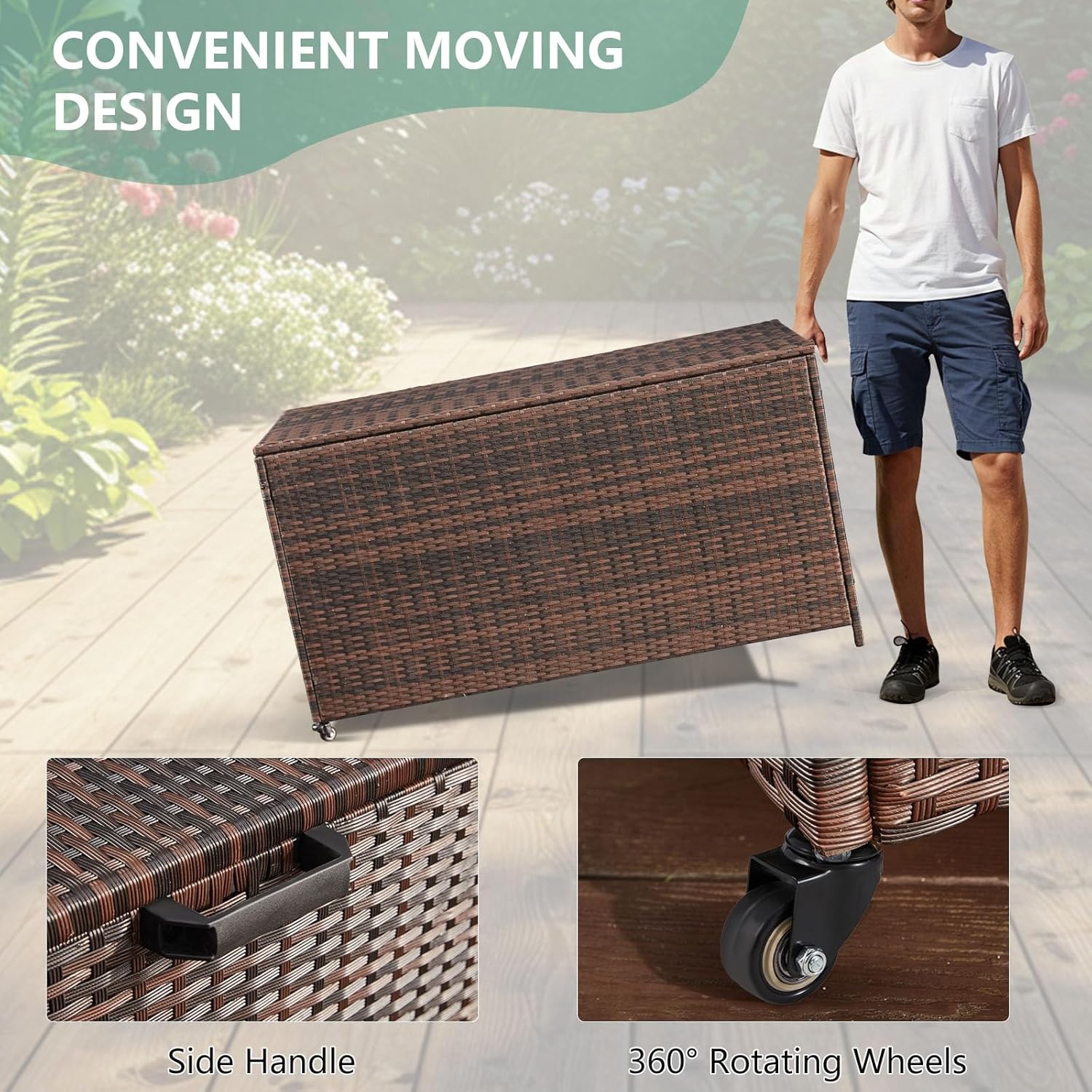 AVAWING 180 Gallon Wicker Deck Box with Wheels, Outdoor Storage Box with Liner Patio Waterproof Deck Storage Box Wicker Chest Storage Trunk Rattan Pool Container for Garden, Balcony, Yard, Brown