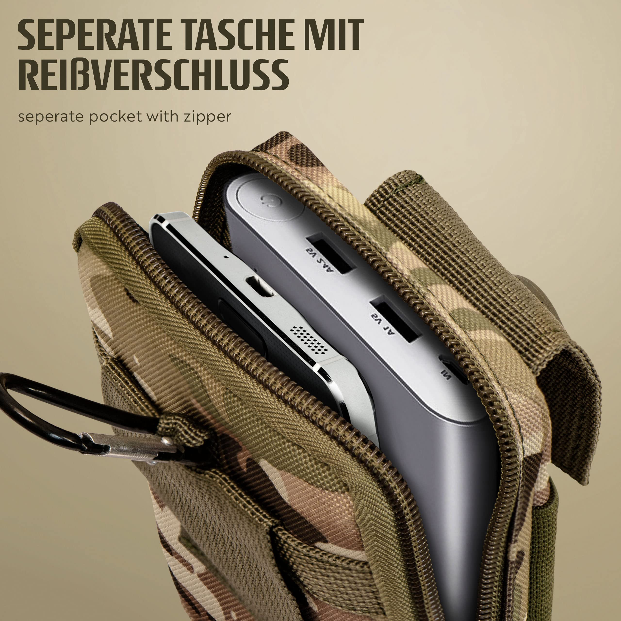 ONEFLOW Survival Case - Custodia per Samsung Galaxy, Apple iPhone, Huawei, Sony, ecc., marsupio in nylon, custodia per cellulare con moschettone, colore marrone camouflage
