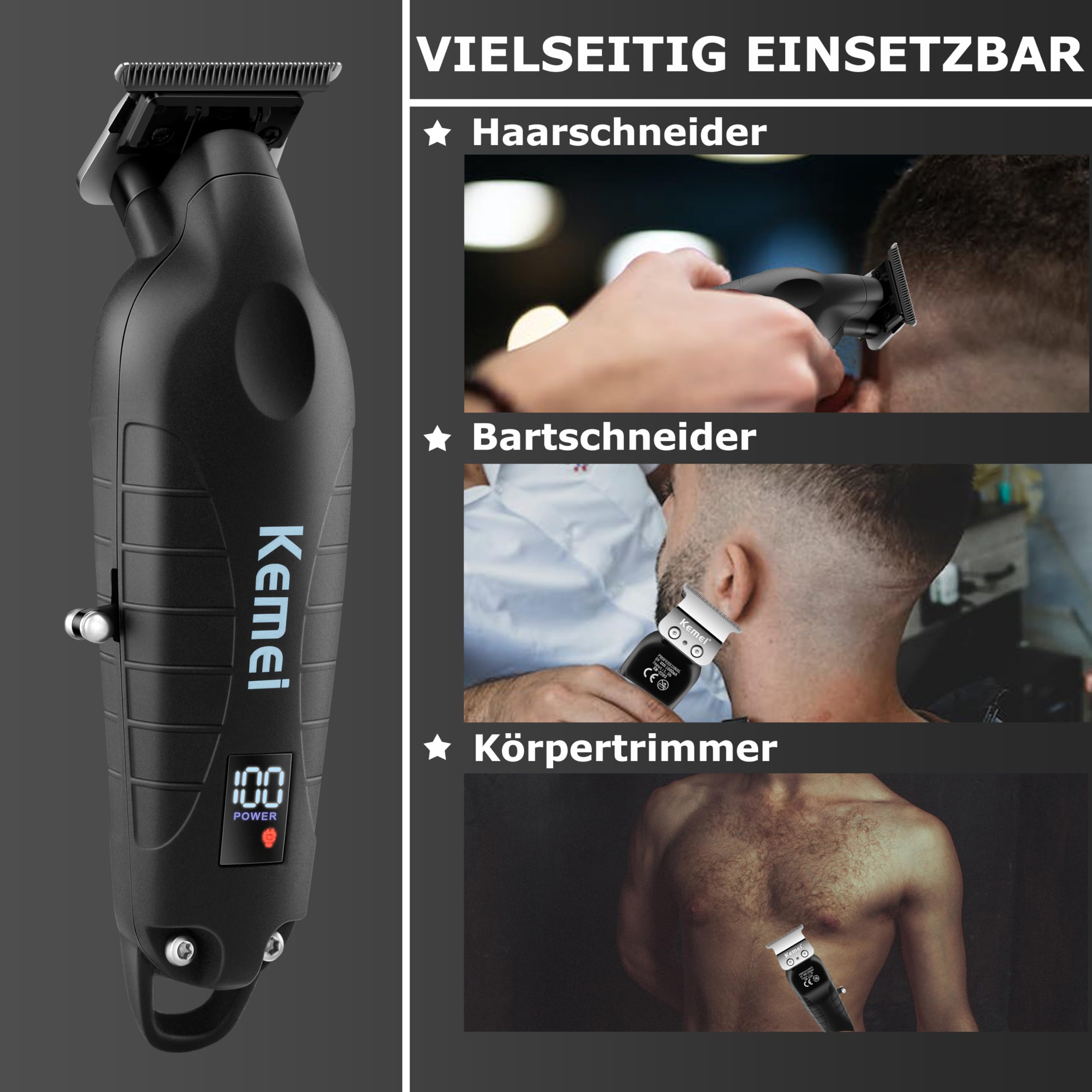 KEMEI 2293 Professioneller Haar-/Bartschneider für Männer, Zero Gapped-Haarschneider für Friseure mit T-Klinge, kabellos, wiederaufladbar, Geschenk für Männer
