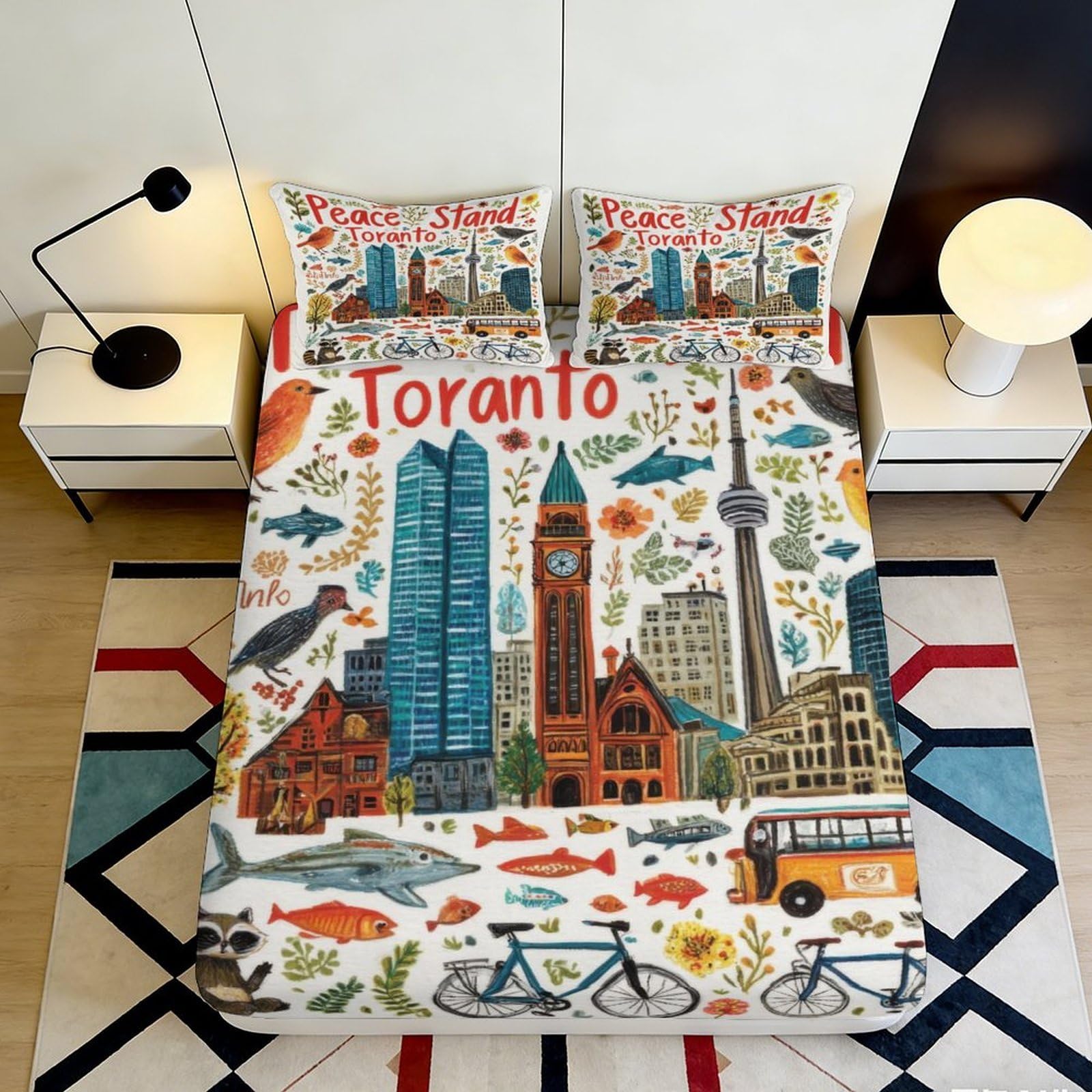 3D Printed Toronto Landmark Fitted Sheet Microfiber Soft Urban Cityscape Bed Cover for Bedroom Guest Room Decor 90x200x25cm