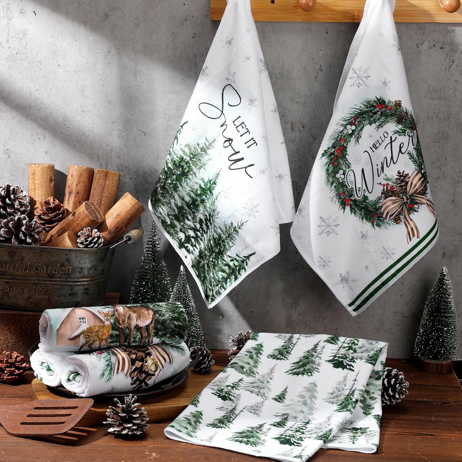 6 Pcs Winter Kitchen Towels Green Forest Wonderland Dish Towel 21 x 14 Inch Decorative Absorbent Winter Hand Towels Holiday Tea Towel for Kitchen Bathroom Farmhouse Gift - Image 6