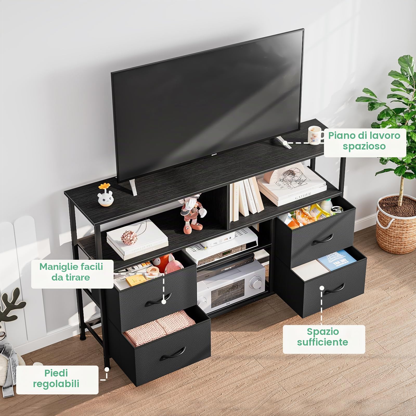 Mobile TV, Tavolino Porta TV fino a 55 Pollici con 4 Cassetti in Tessuto e Mensola Regolabile, Supporto TV in Legno e Metallo, con Piedi Regolabili, Adatto per Soggiorno, Camera da Letto, Ufficio