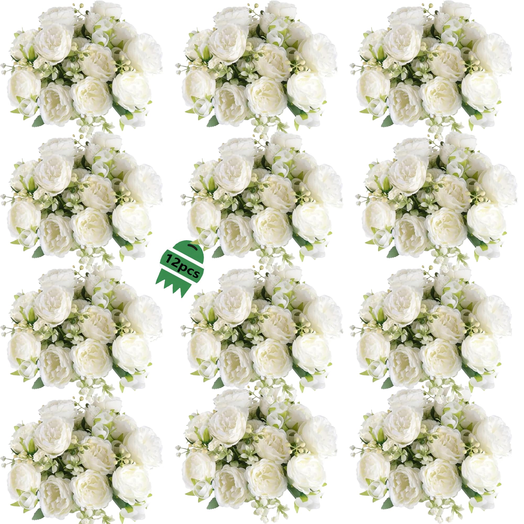 10 Bundles Peonies Artificial White Flowers Bouquet, Lifelike Silk Fake Peonies with Stems for Home Table Centerpieces, Wedding, Party & DIY Bridal Floral Arrangements (White)