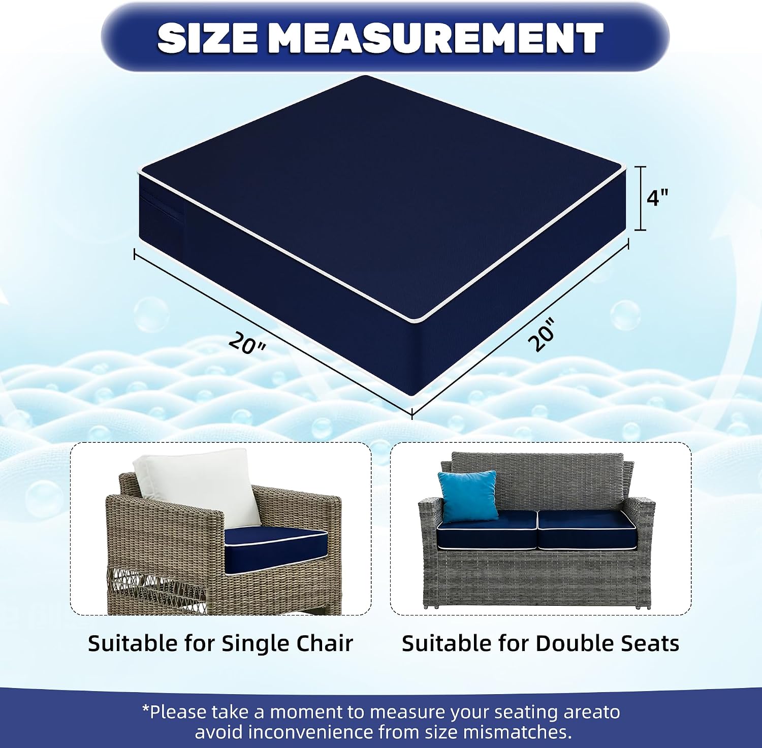 2 Pack Outdoor Chair Cushion 20" X 20" X 4", Waterproof Outdoor Seat Cushions with Non-Skid Ties, Patio Chair Cushions Garden Lawn Patio Furniture, Navy Blue (Cushion + Cover)