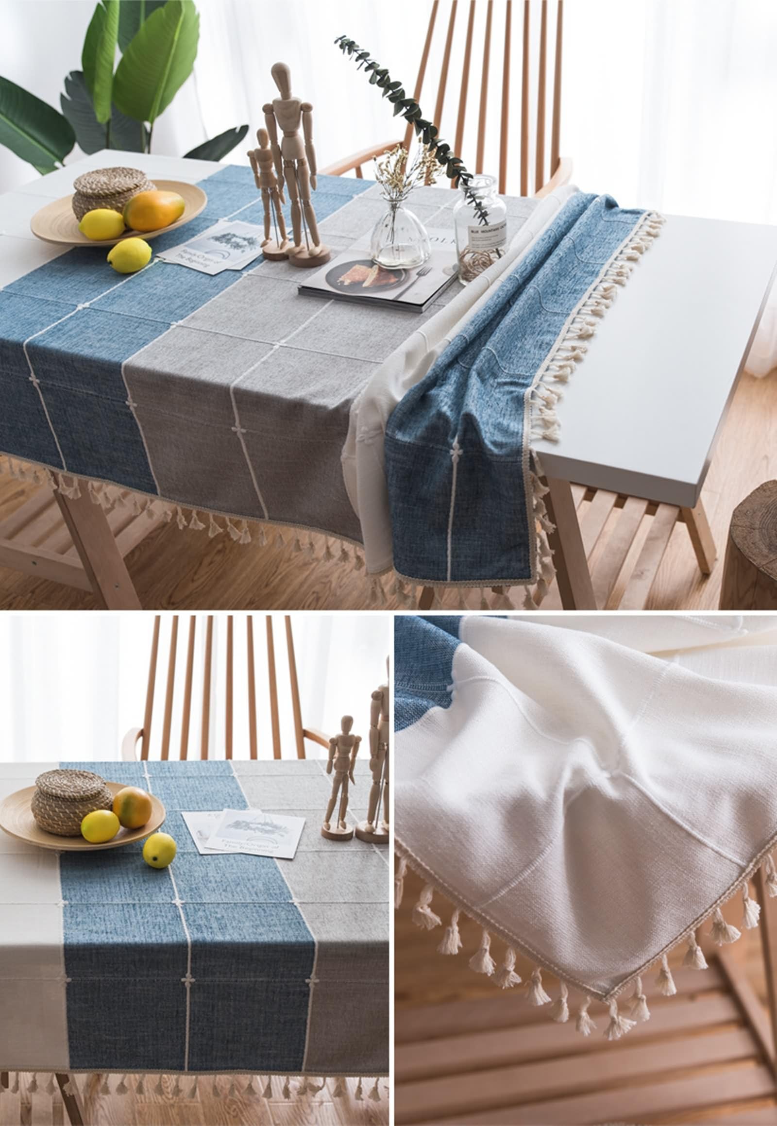 Tischwäsche Modern, Polyester Gitter-Flickwerk-Muster Tischtuch Fleckenschutz, Grau Blau, 140 x 240 cm