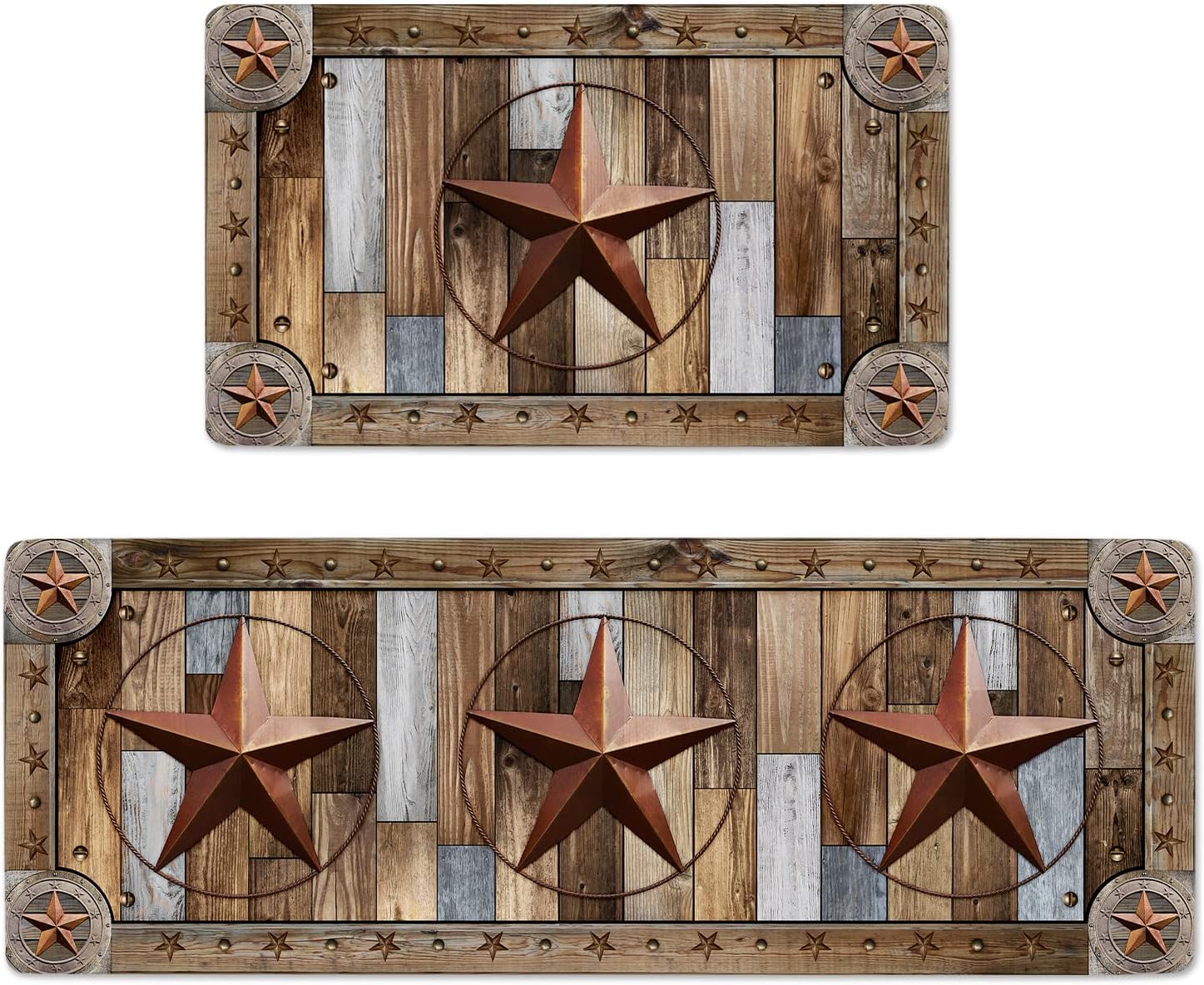 AILUER Farmhouse Wood Kitchen Rugs Mats Set of 2 Rustic Texas Star Anti-Fatigue Cushioned Kitchen Floor Mat Non-Slip Backing Washable Kitchen Rugs Set Office Laundry, 17inchx29.5inch+17inchx47inch