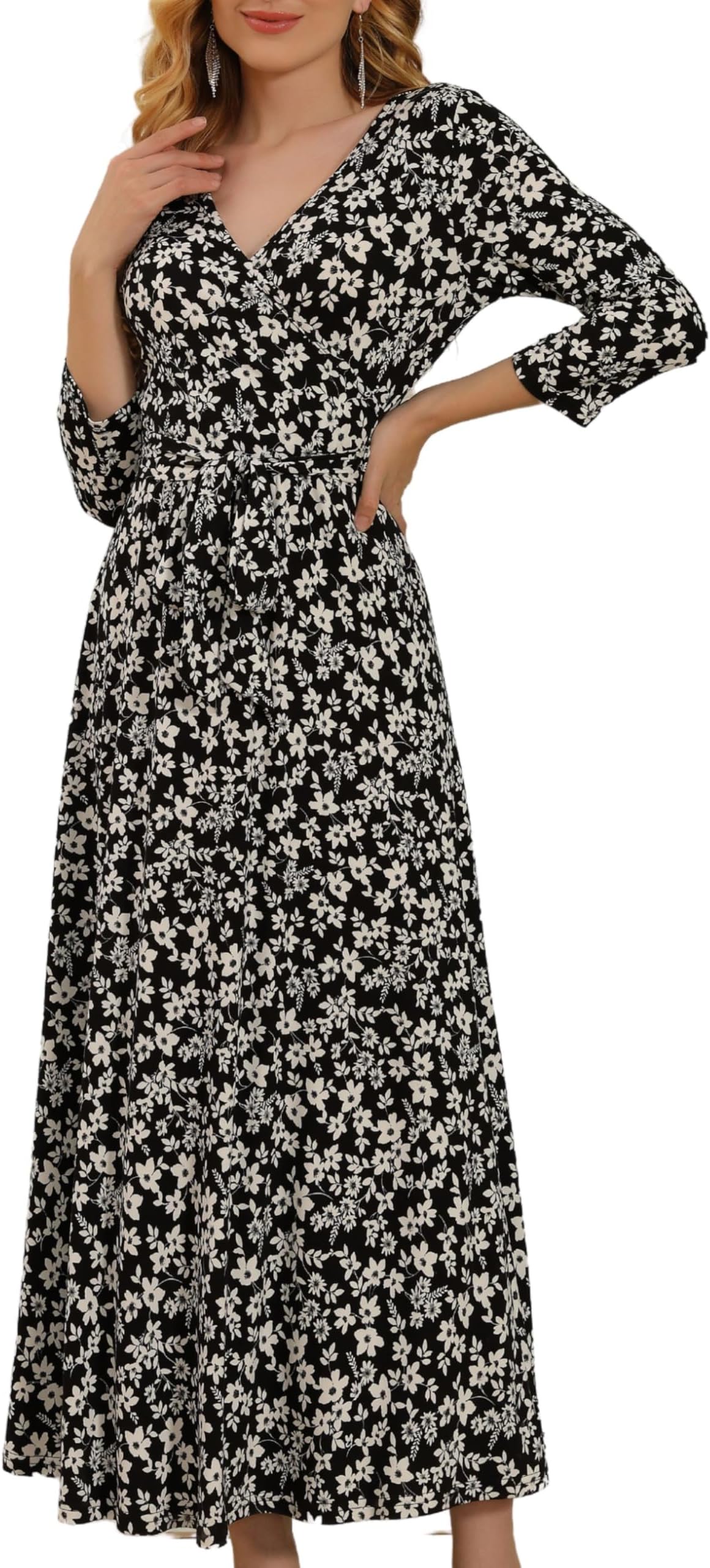 Aphratti Womens 3/4 Sleeve V Neck Faux Wrap Maxi Dress Summer Casual Beach