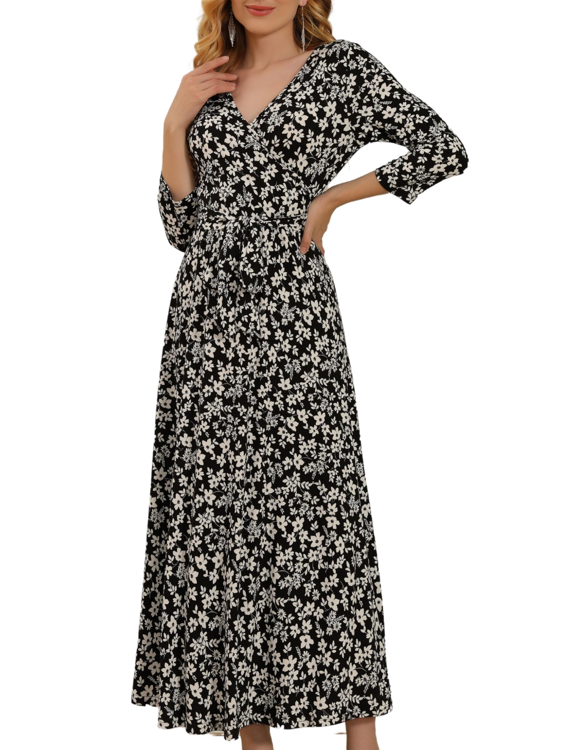 Aphratti Women's Maxi Dress with Sleeves - Faux Wrap Soft Stretchy Flowy Long Dress for Everyday Casual Outfits