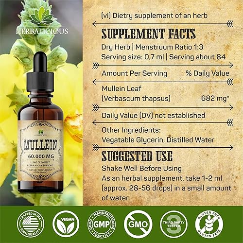 Miniatura 6 de HERBALICIOUS Extracto de hoja de gordolobo - Suplemento líquido Verbascum Thapsus - Tintura de hierbas que promueve el bienestar pulmonar,