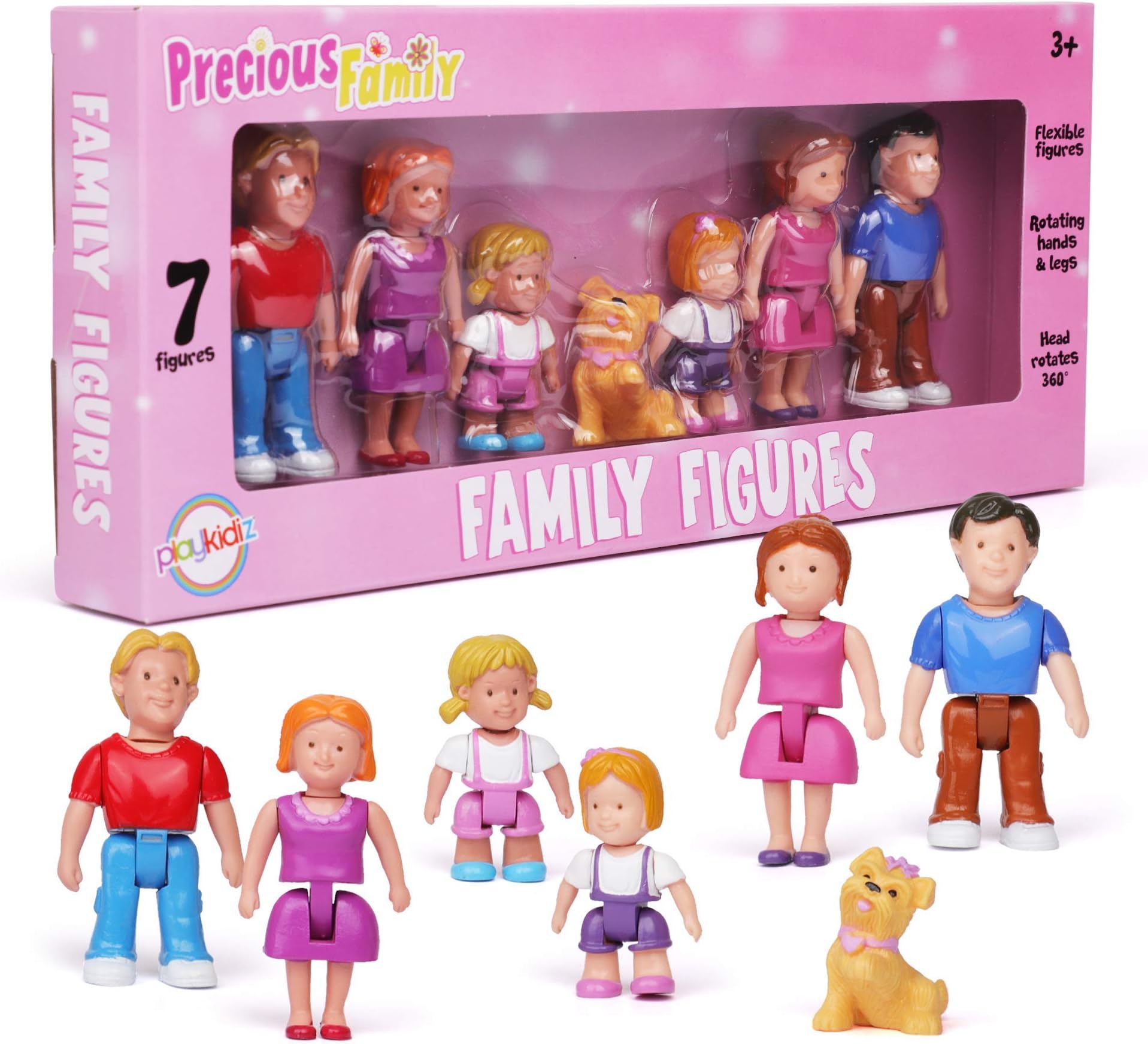 Playkidiz Family Figures - Set of 7 Little Toy People to Play in Dollhouse Including Parents, Siblings and Pet - Dollhouse Accessories for Kids