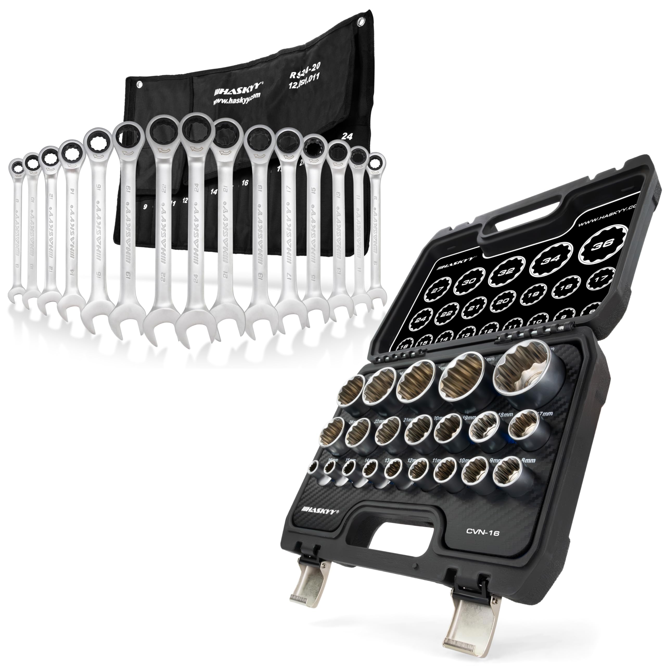HASKYY Vielzahn Steckschlüssel XZN Satz 8-36 mm 1/2 Zoll & Ratschen Ringmaulschlüssel Set 8-24 mm - CR-V Stahl, 12-Kant, 35-teilig Werkzeug Set