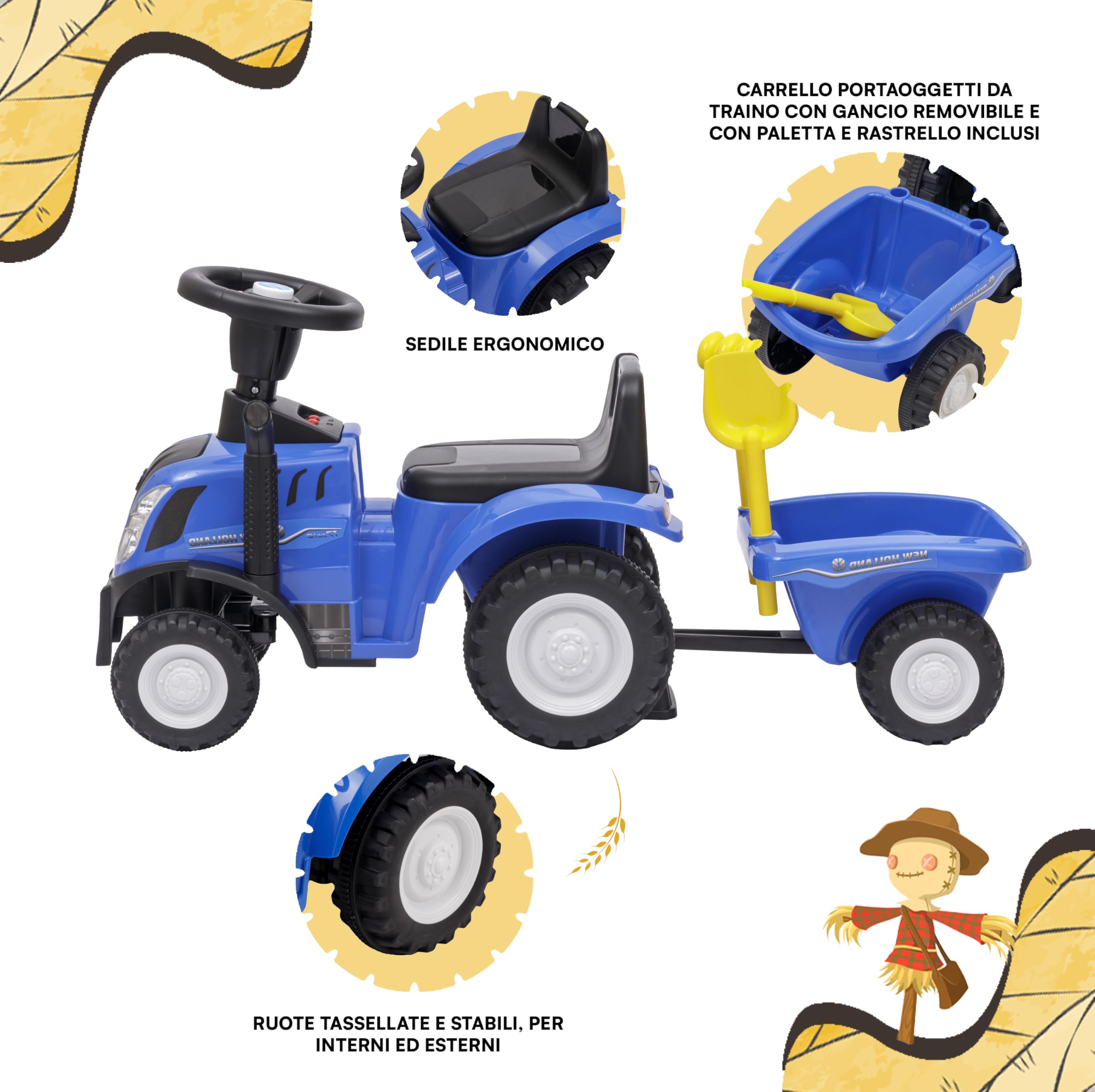 Baroni Toys Trattore Ride-On con Rimorchio per Bambini dai 12 a 36 mesi, Trattore con Clacson ad Aria, Volante Sterzante, Suoni e Fari Funzionanti, Paletta e Rastrello Inclusi, 29x91x44 cm, Blu