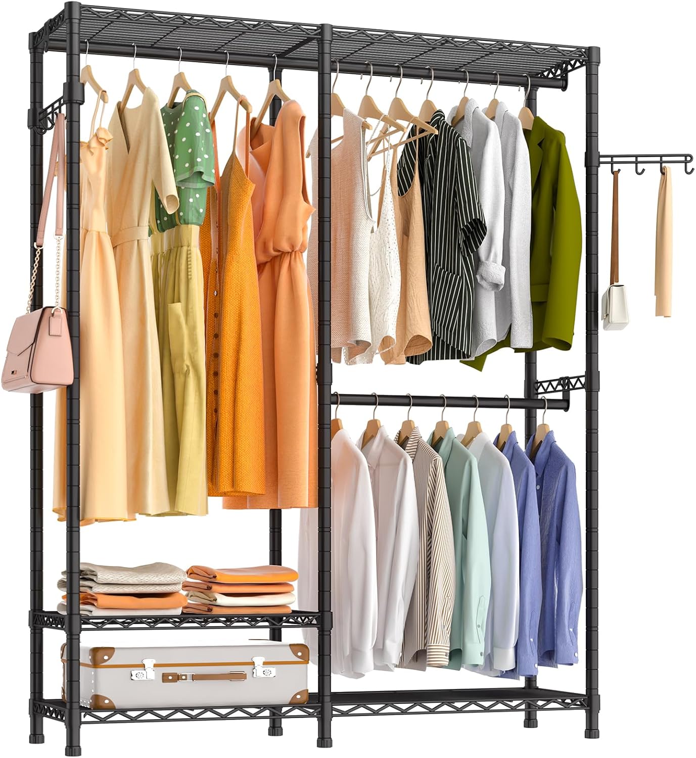 Heavy Duty Garment Rack, 3 Tiers Metal Adjustable Wire Shelves Closet Organizer and Storage Wardrobe Clothing Rack for Hanging Clothes with 2 Hanger Rods, Max Load 800LBS, Black Black A1: 3 Tiers with 2 Rods,44.7"L x 16.5"W x 76.8"H