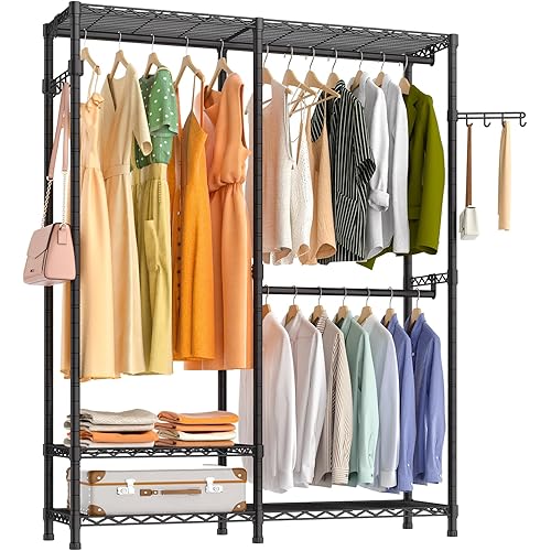 Heavy Duty Garment Rack, Metal Closet Organizers and Storage, Wardrobe Clothing Racks for Hanging Clothes, 3 Tiers Adjustable Wire Shelving with 2 Hanger Rods and Side Hooks, Black