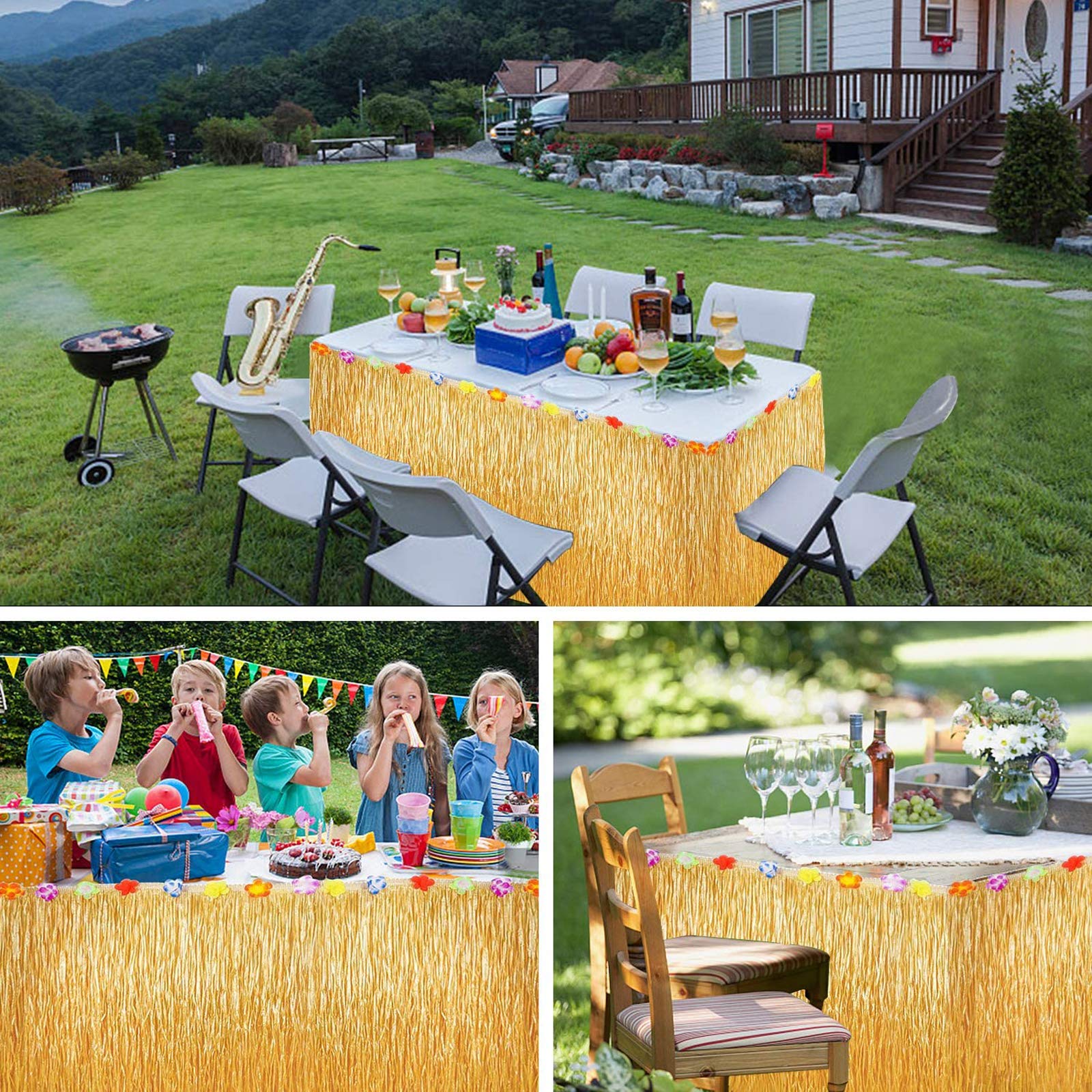 Jupe De Table Hawaïenne 275x75cm Avec Fleurs Hibiscus En Soie - Décoration Fête Tropicale BBQ Plage